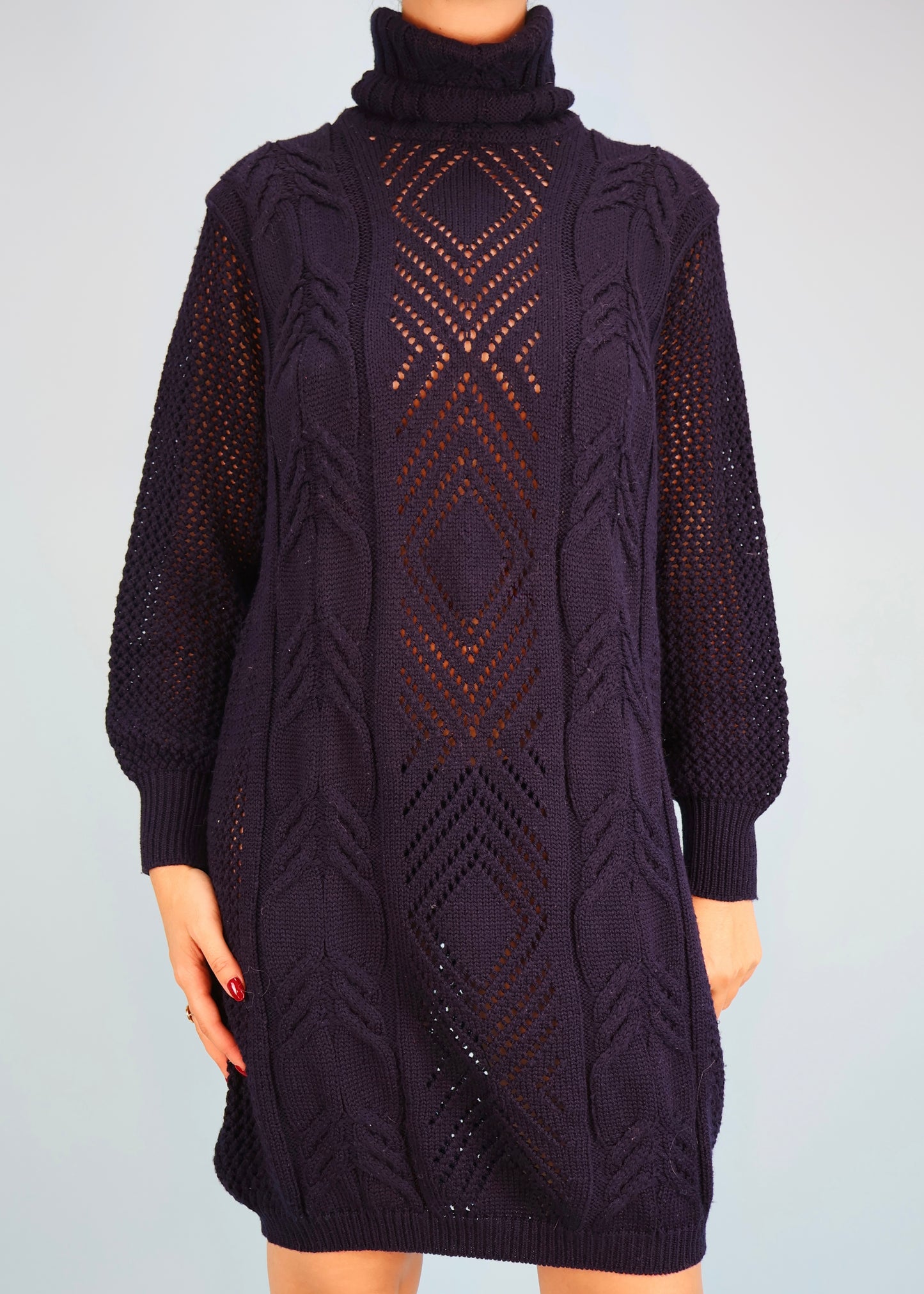 Versace Fall 1993 Navy Blue Knitted High Neck Sweater Dress