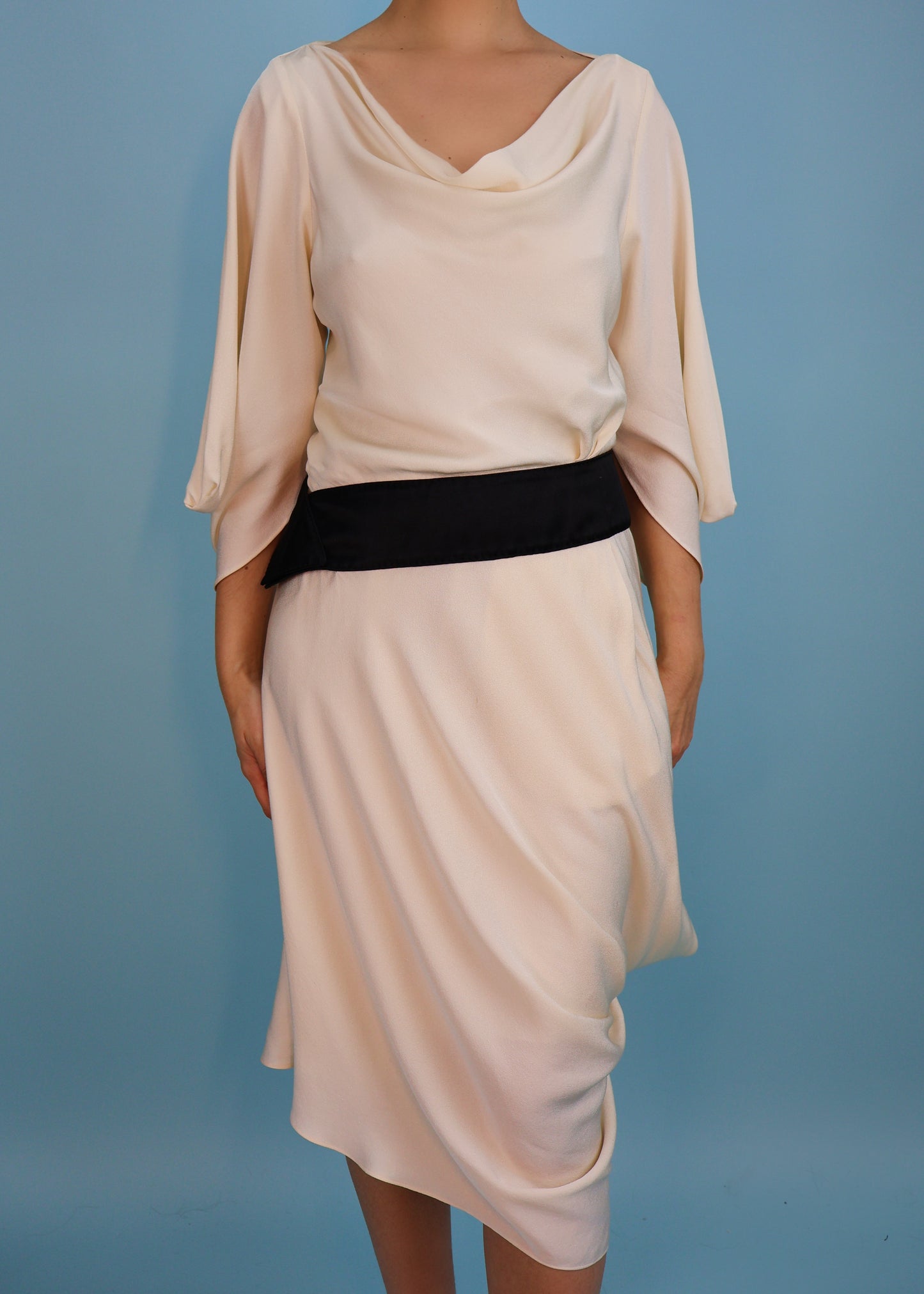 Alexander McQueen Fall 2007 Ivory & Black Asymmetric Draped Silk Dress