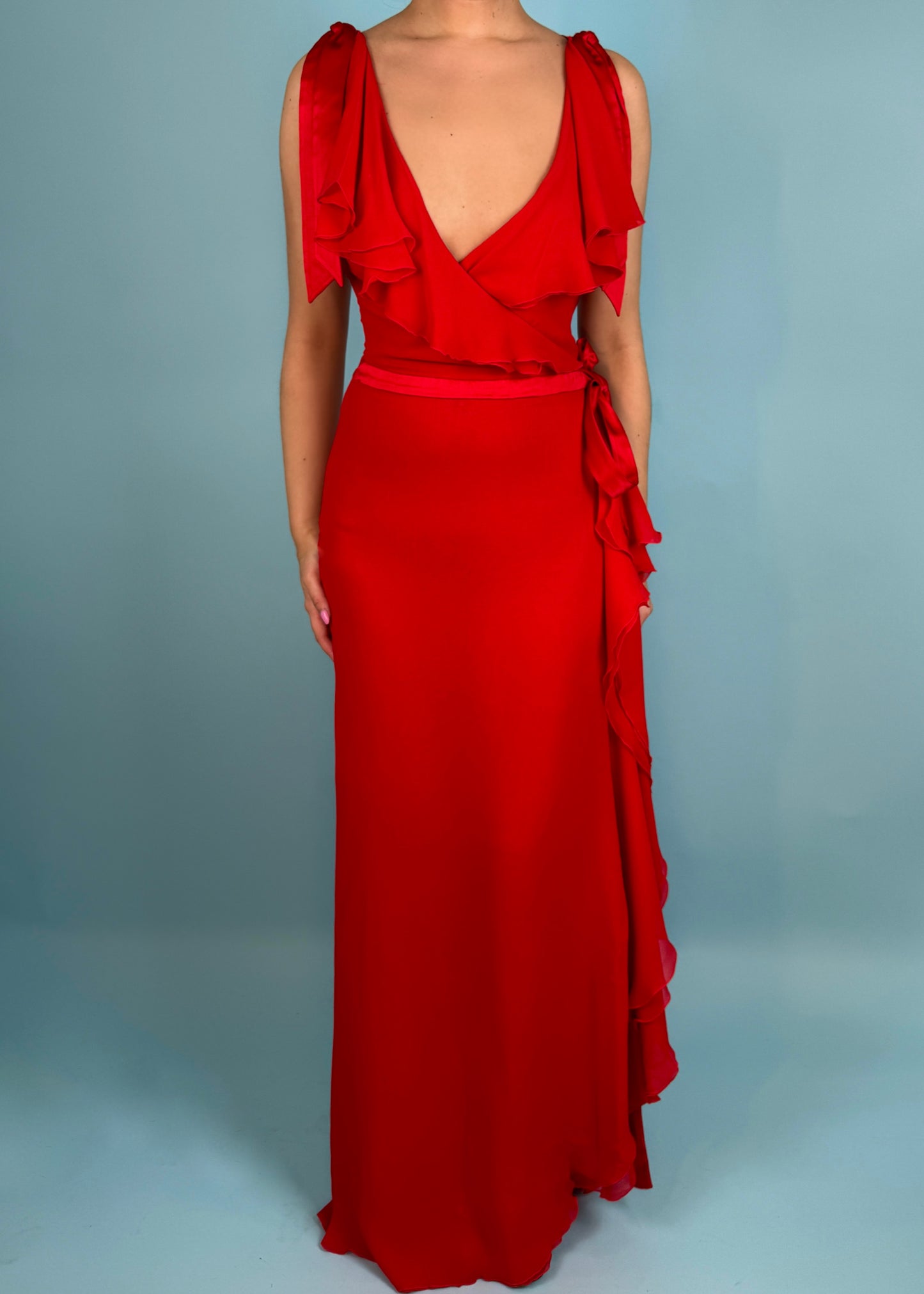 Valentino Red Frill Plunge Silk Chiffon Gown