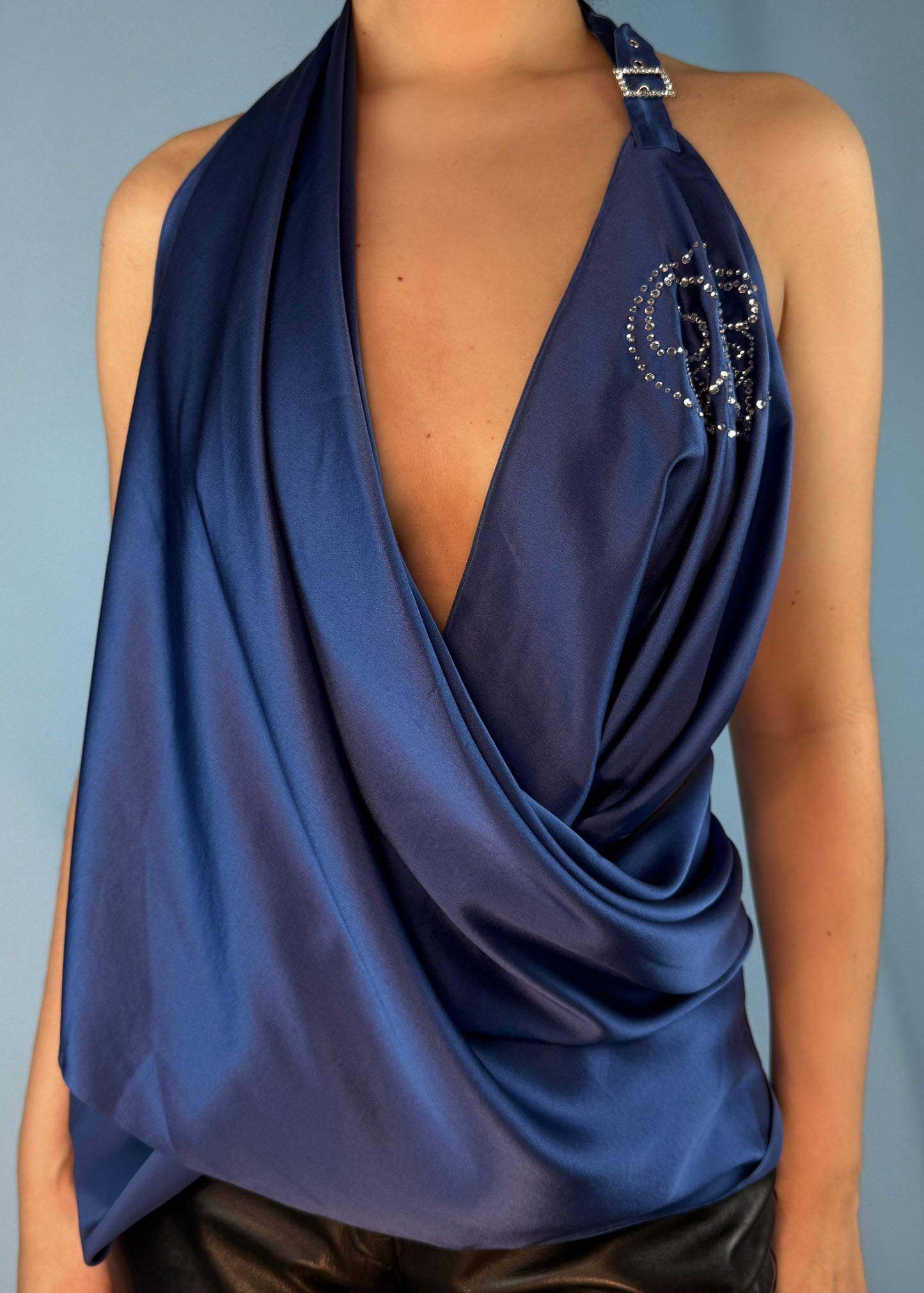 John Galliano Spring 2004 Blue Silk Crystal Embellished Wrap Scarf Top