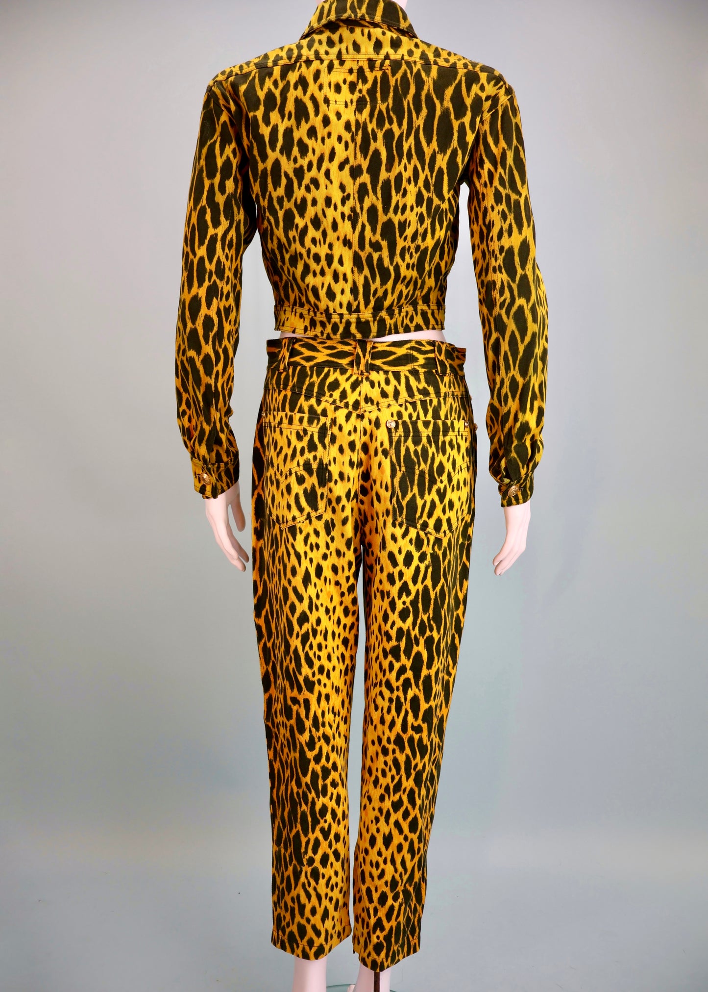 Versace Spring 1992 Runway Yellow Cheetah Print Denim Jacket & Jeans Sets