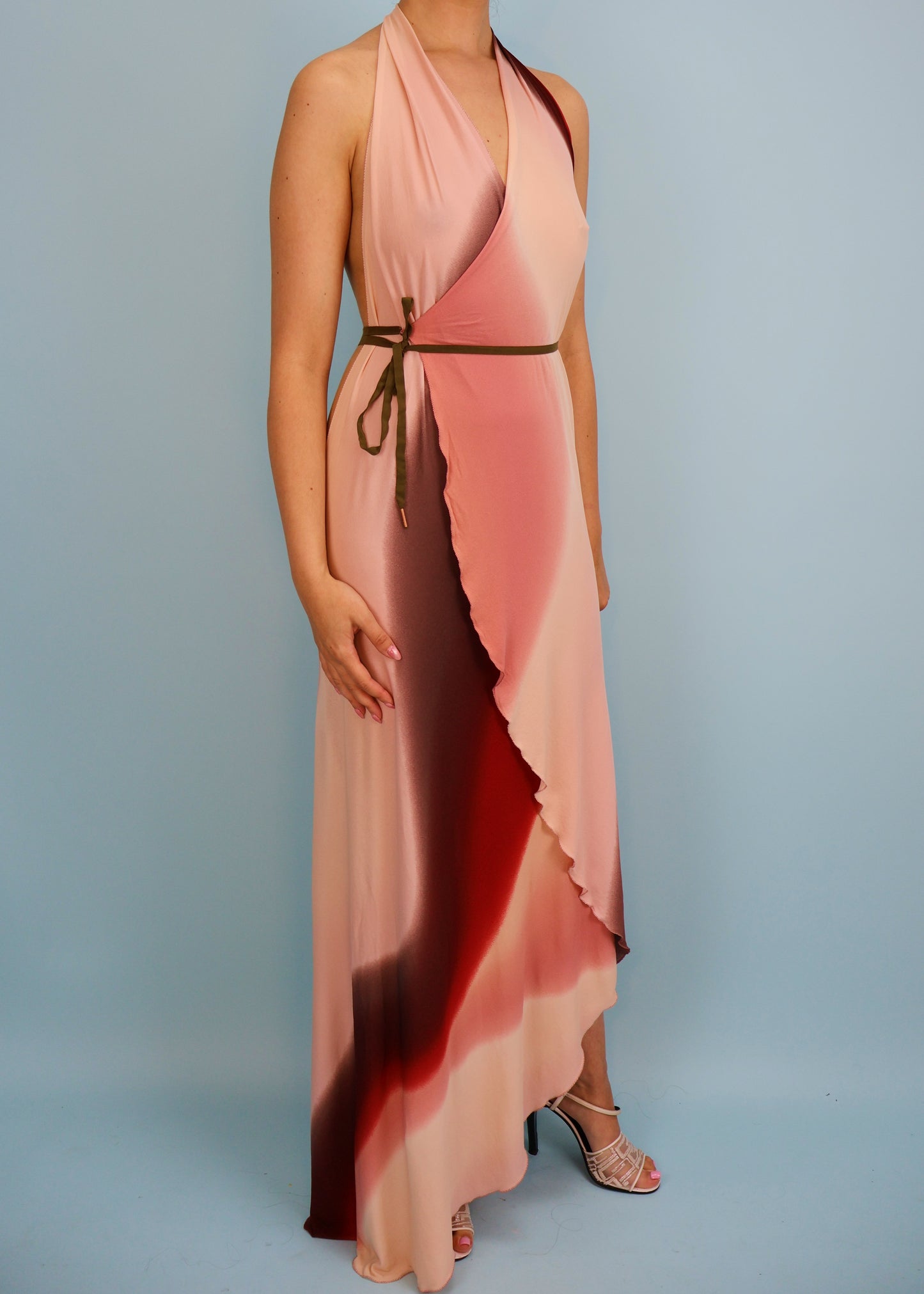 Fendi Spring 2004 Runway Pink & Red Wrap Backless Halter Dress
