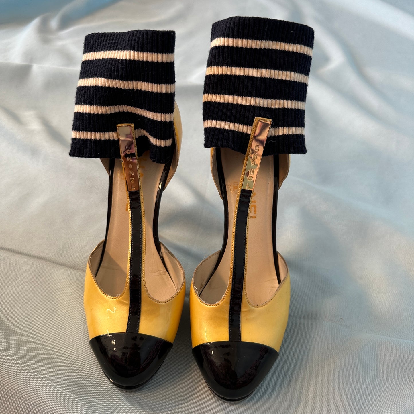 Chanel 2008 Runway Yellow & Black Patent Stripe Sock Heels