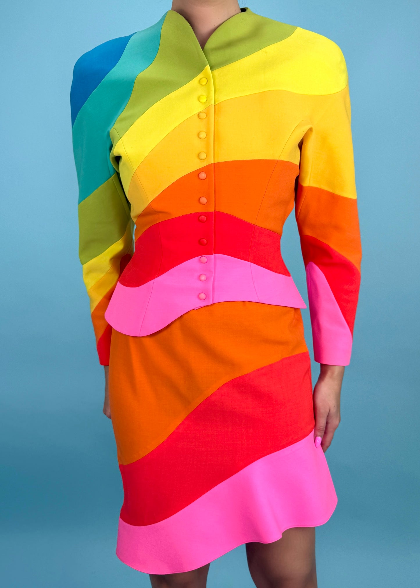 Thierry Mugler Spring 1990 Runway "Arc En Ciel" Rainbow Jacket & Skirt Suit