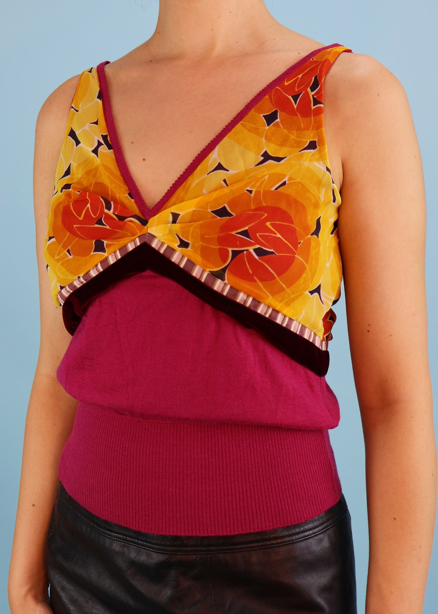 John Galliano Orange & Pink Silk Chiffon & Knitted Tank Top & Cardigan Twin Set