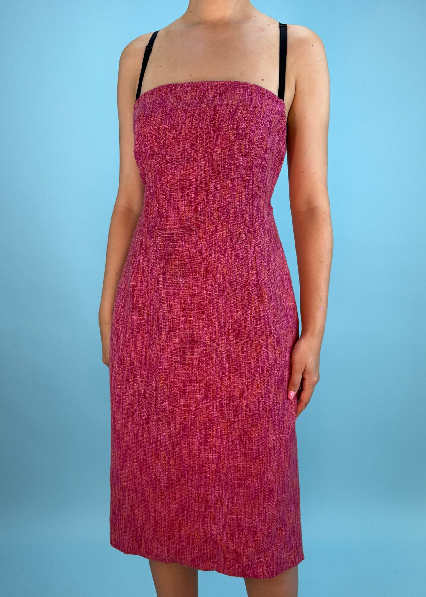Dolce & Gabbana Pink Tweed Built in Bra Midi Dress