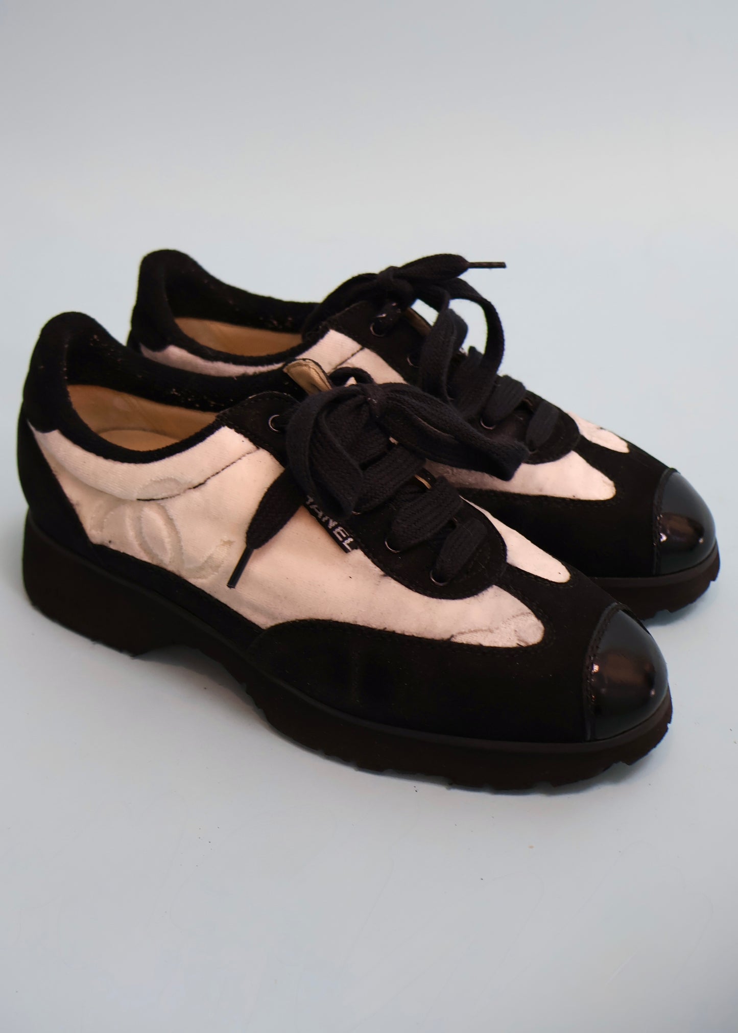 Chanel Spring 1996 Runway White Velour CC Monogram Shoes