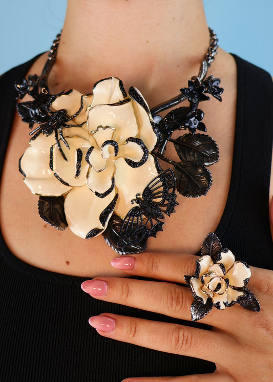 Roberto Cavalli Fall 2013 Large Enamel Flower & Insect Necklace & Ring Set