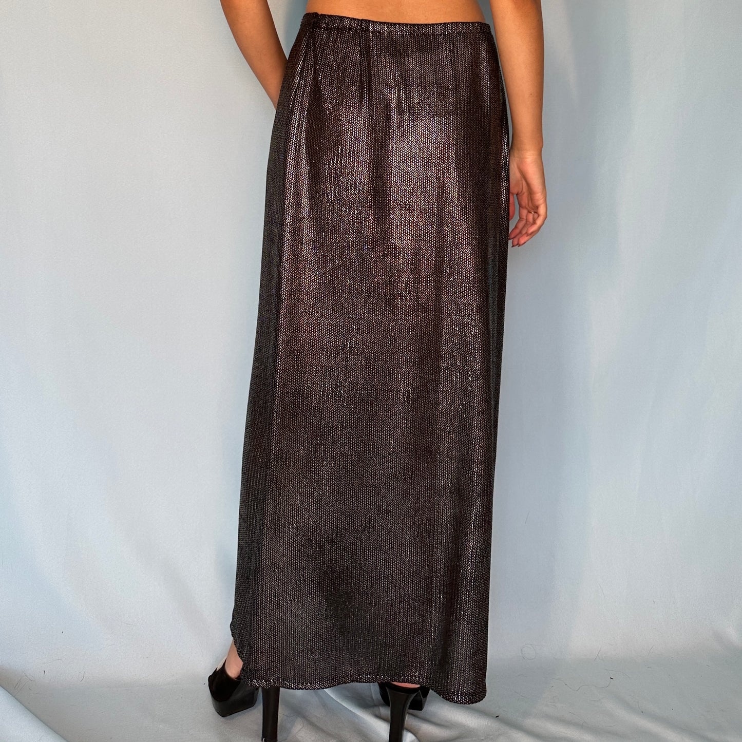 Anna Sui Metallic Silver Knit Maxi Skirt