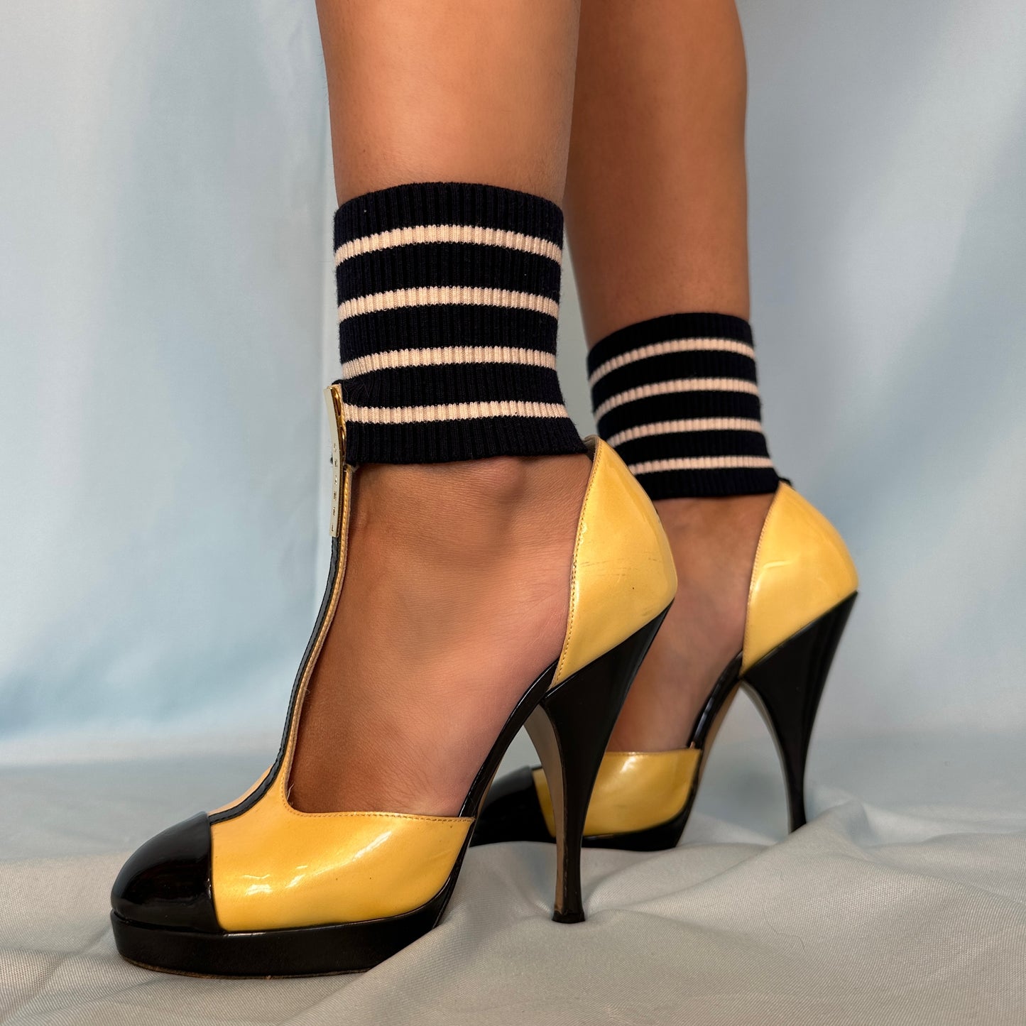 Chanel 2008 Runway Yellow & Black Patent Stripe Sock Heels