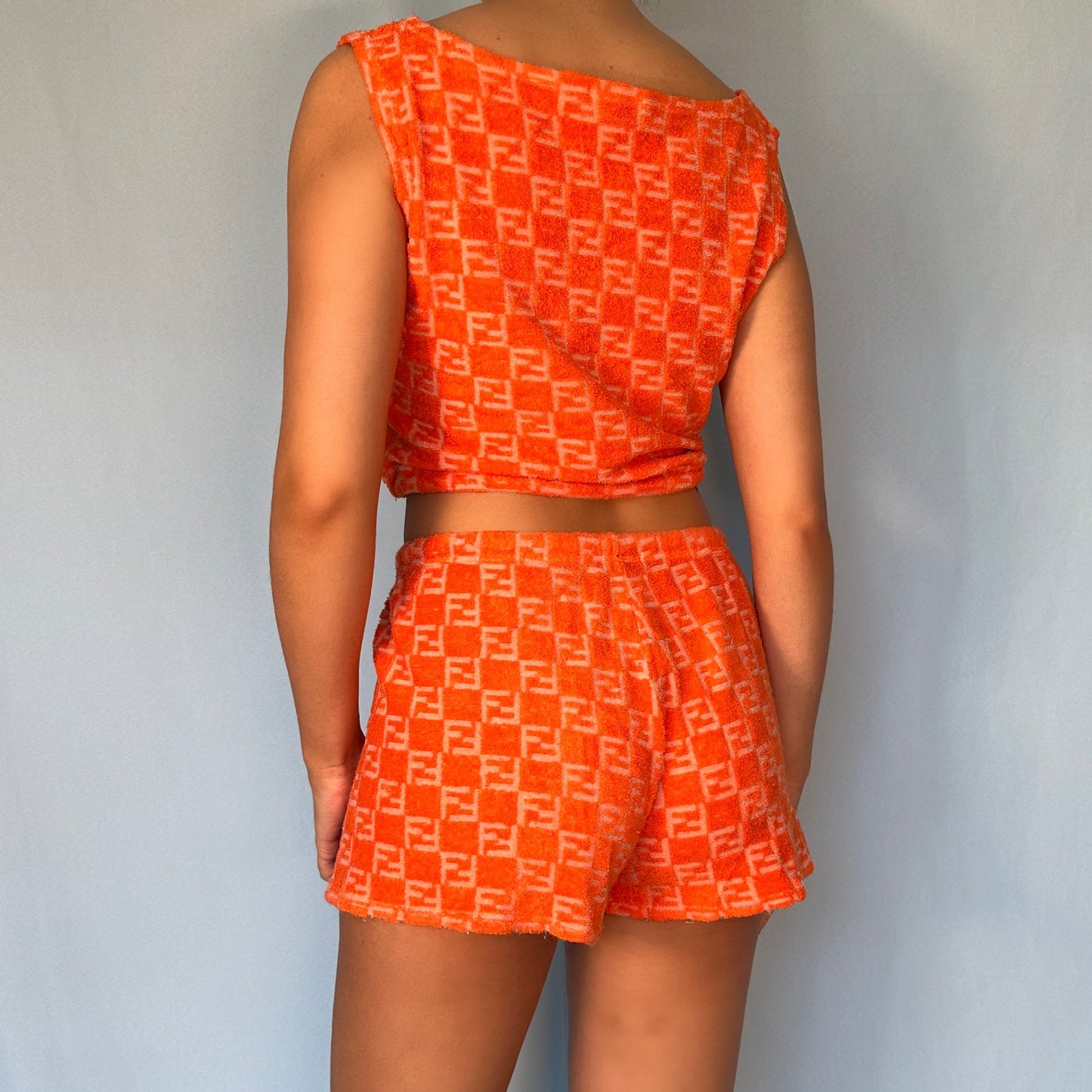 Fendi Orange Zucca Monogram Terry Towelling Shorts & Top Set