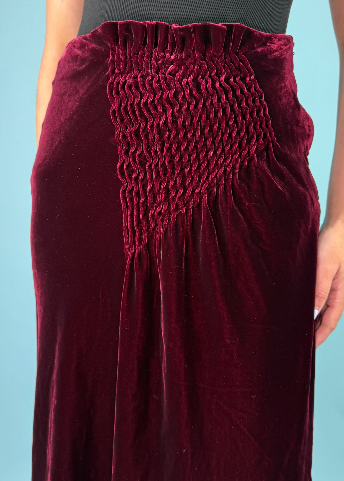 Gucci Fall 1999 Burgundy Red Velvet Ruched Velvet Skirt