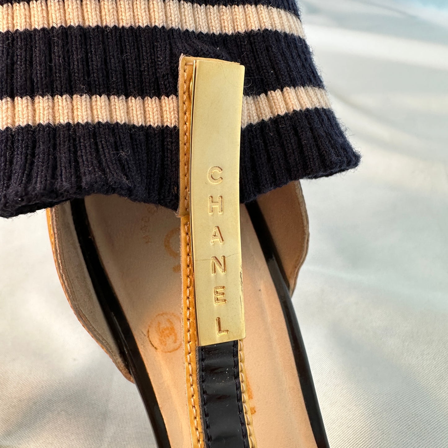 Chanel 2008 Runway Yellow & Black Patent Stripe Sock Heels