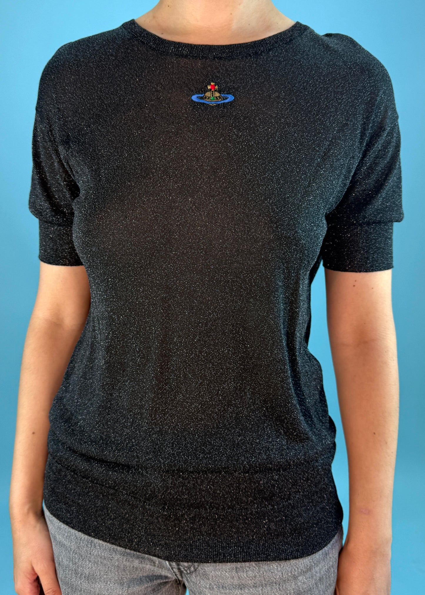 Vivienne Westwood 1990s Grey Lurex Glitter Knit Orb Embroidered Top