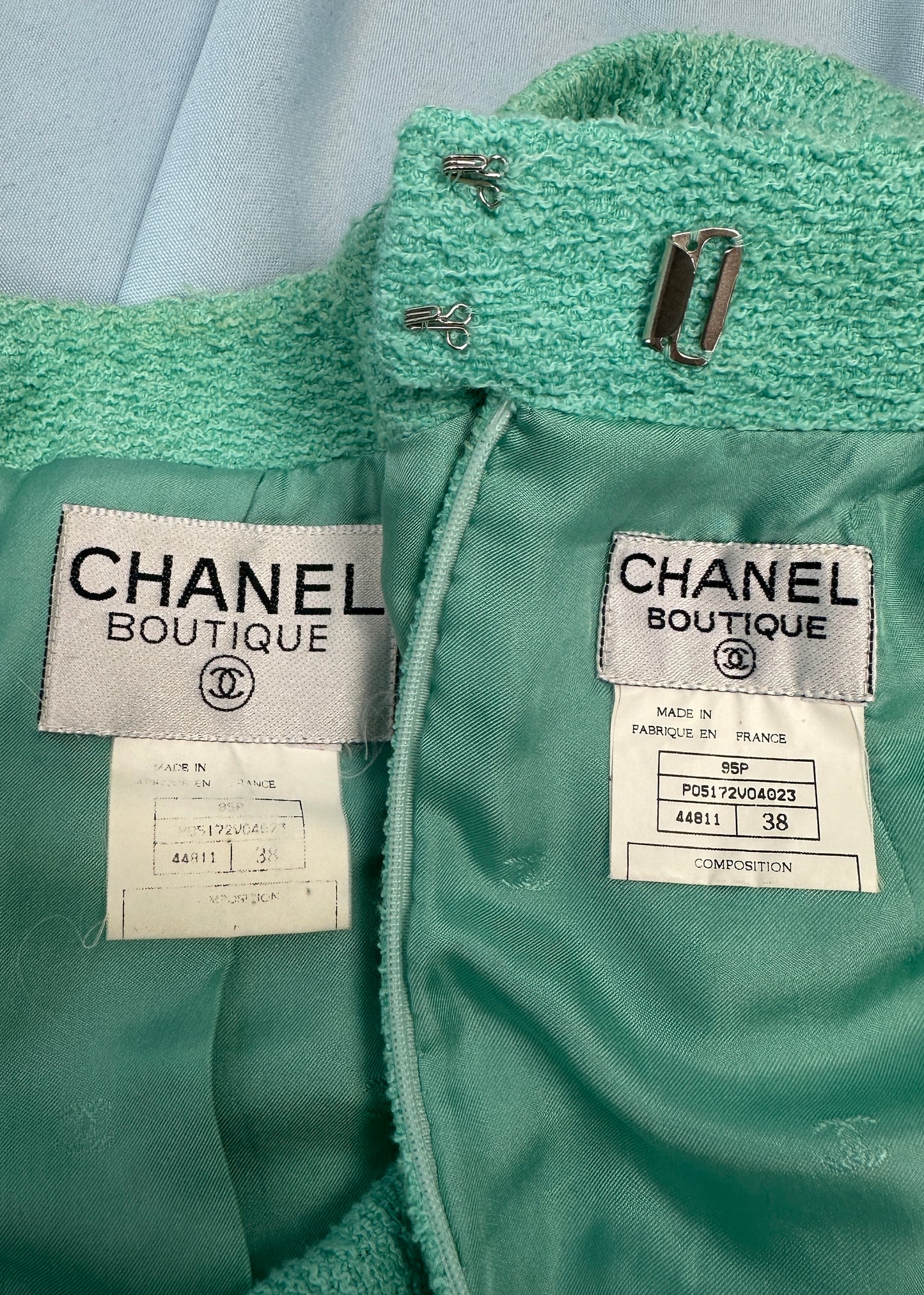 Chanel Spring 1995 Runway Blue Boucle Zip Jacket & Skirt Suit Set