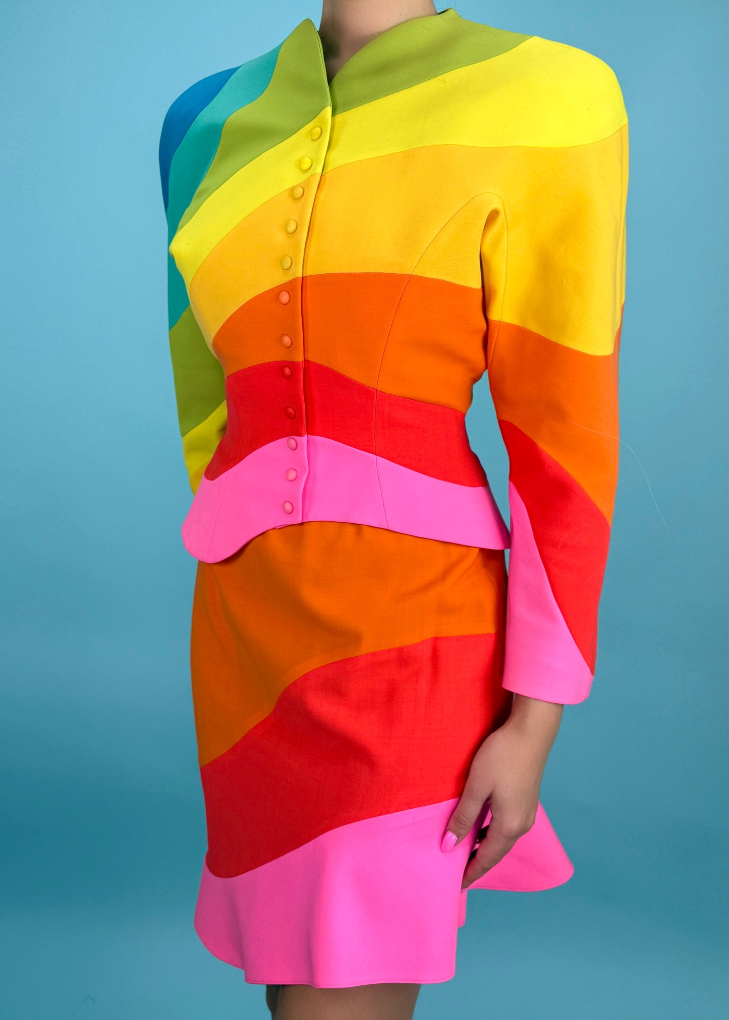 Thierry Mugler Spring 1990 Runway "Arc En Ciel" Rainbow Jacket & Skirt Suit