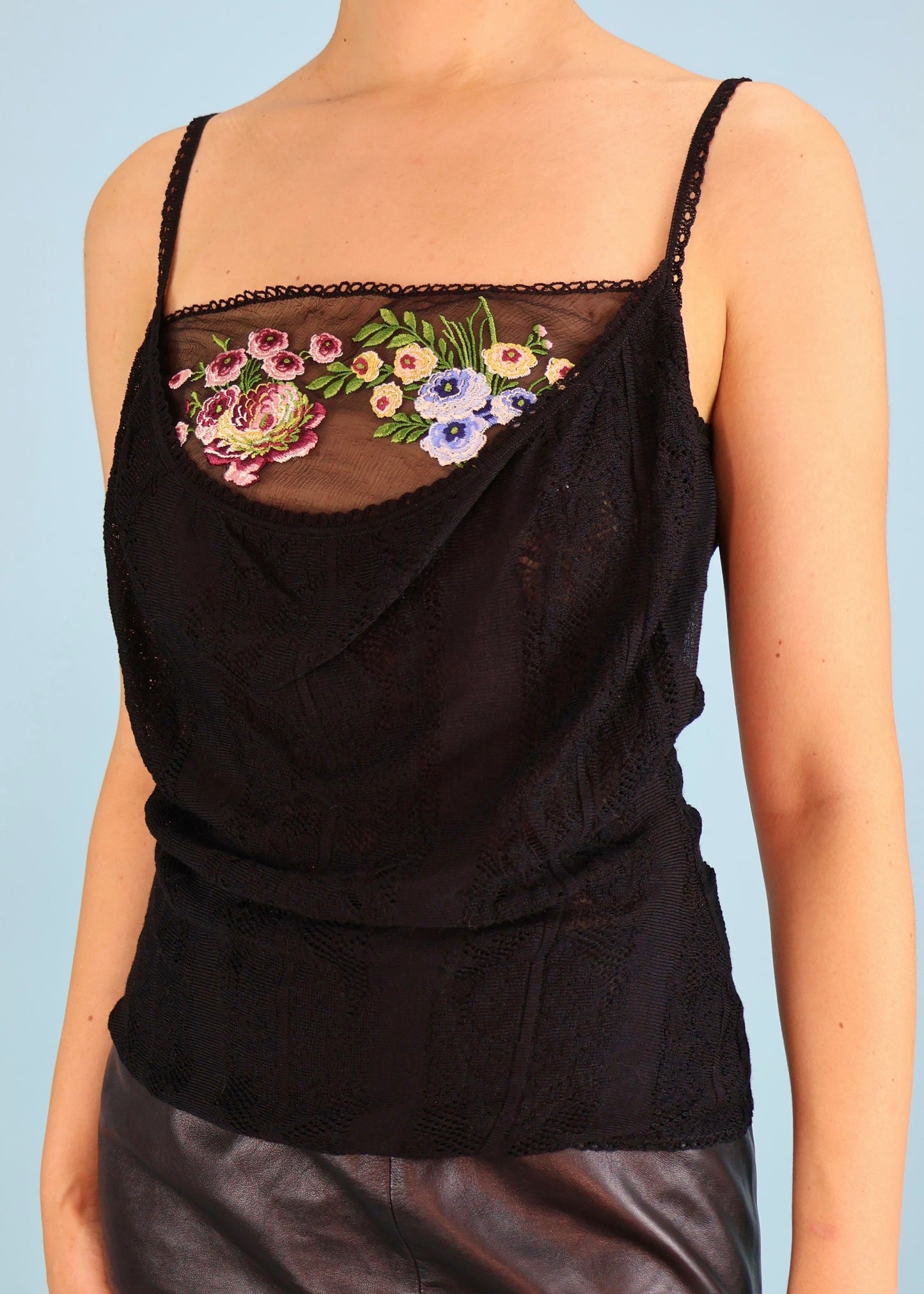 John Galliano Fall 2003 Black Floral Embroidered Knit Cami Top