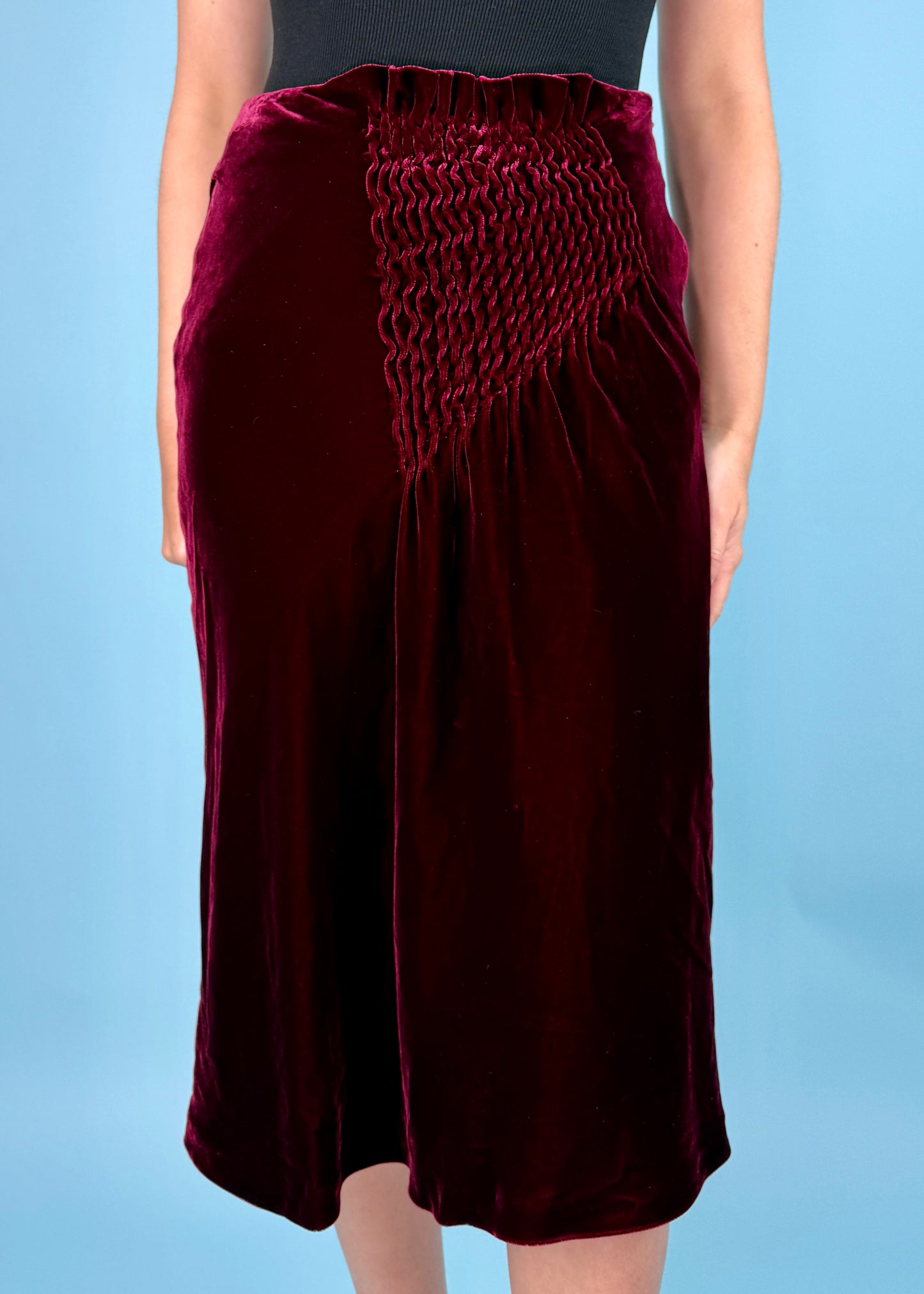 Gucci Fall 1999 Burgundy Red Velvet Ruched Velvet Skirt