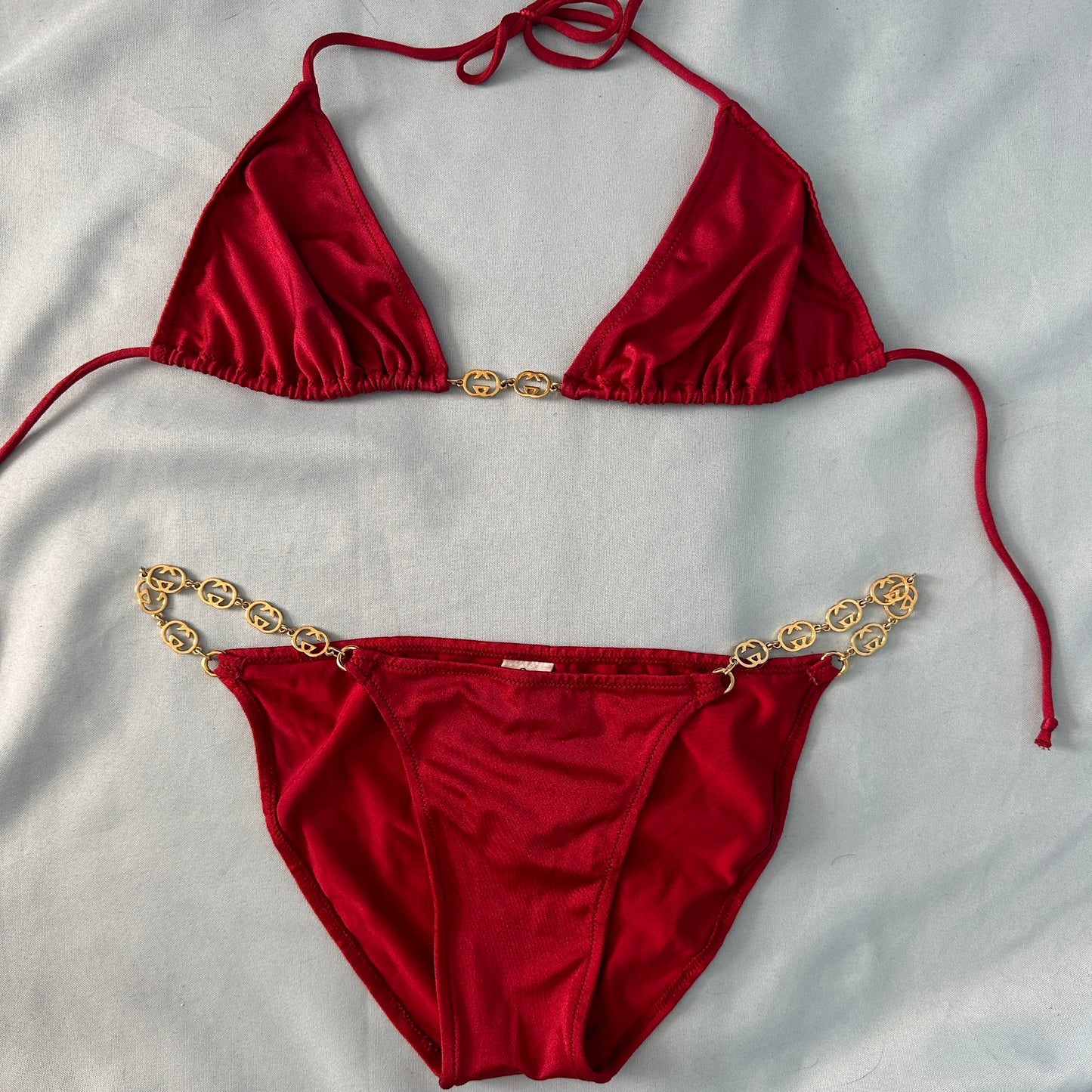Gucci 1970’s Gold Monogram GG Chain Red Bikini