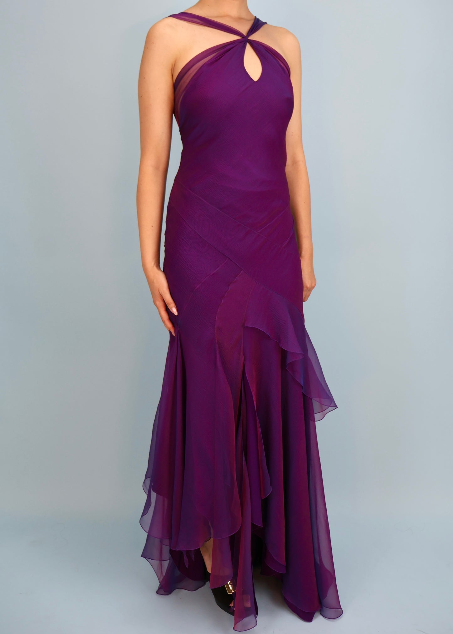 Dior Spring 2005 Purple Iridescent Silk Chiffon Peephole Halter Gown & Scarf