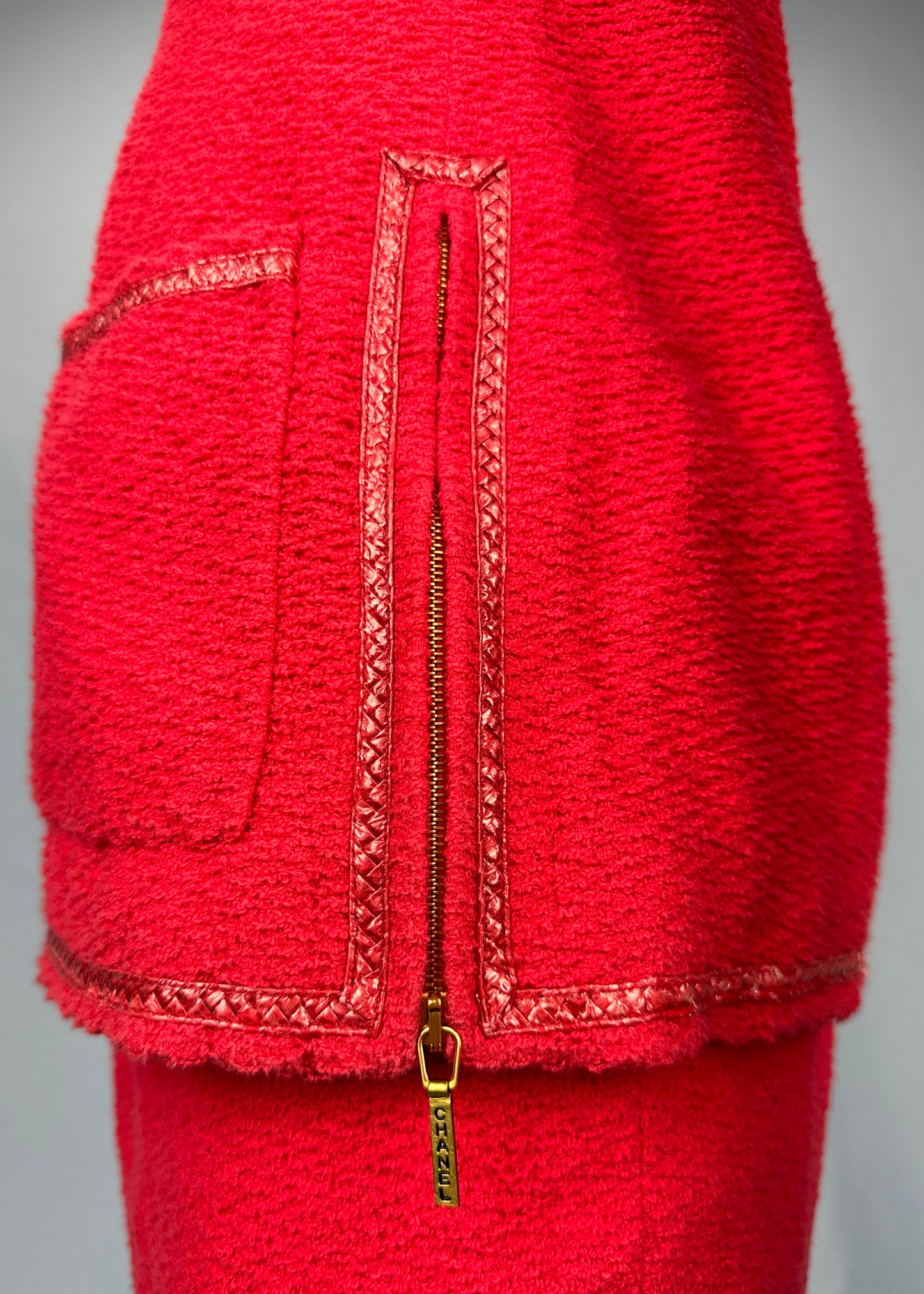 Chanel Spring 1995 Runway Red Boucle Zip Jacket & Skirt Suit Set