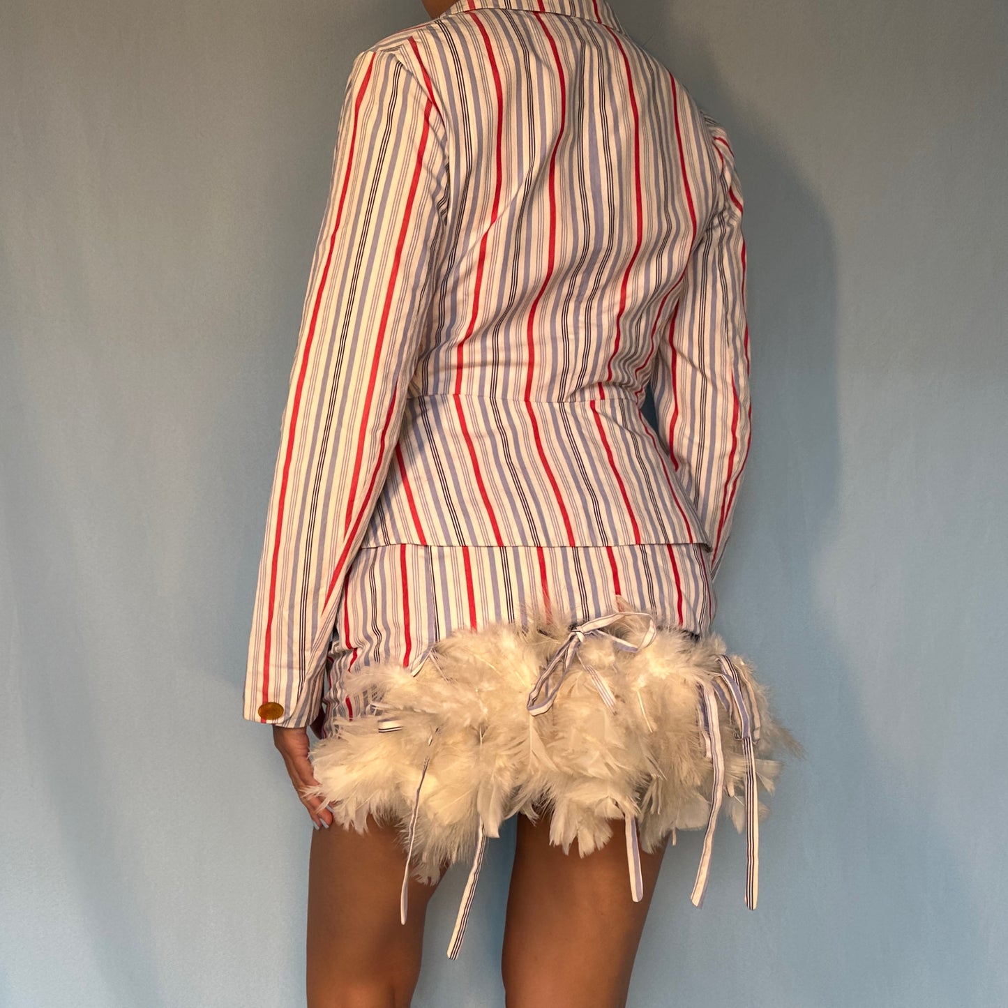 Vivienne Westwood Spring 1994 “Cafe Society” Runway Feather Bustle Striped Skirt & Jacket Suit Set