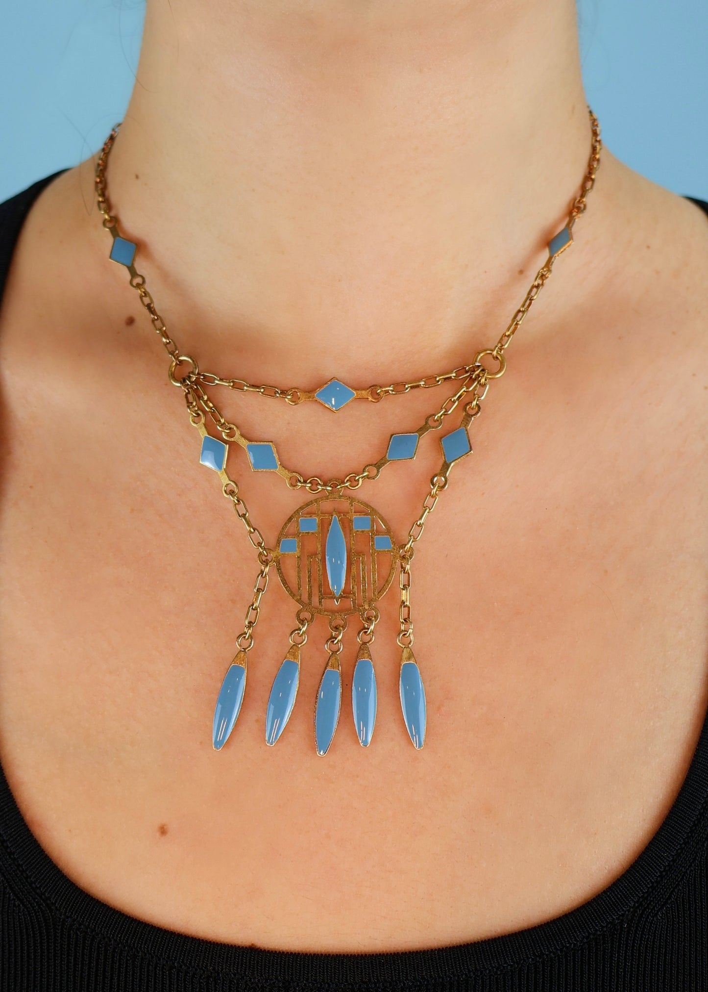 Chloé Spring 2005 Blue Enamel Drop Pendant Necklace & Earrings Set