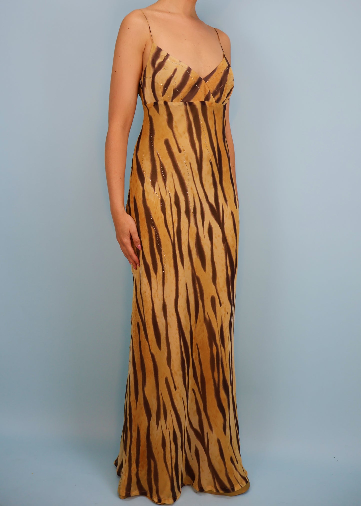 Dior Fall 1995 Silk Tiger Print Crystal Embellished Maxi Slip Dress