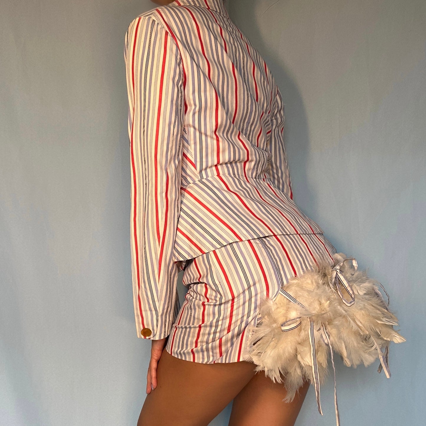 Vivienne Westwood Spring 1994 “Cafe Society” Runway Feather Bustle Striped Skirt & Jacket Suit Set