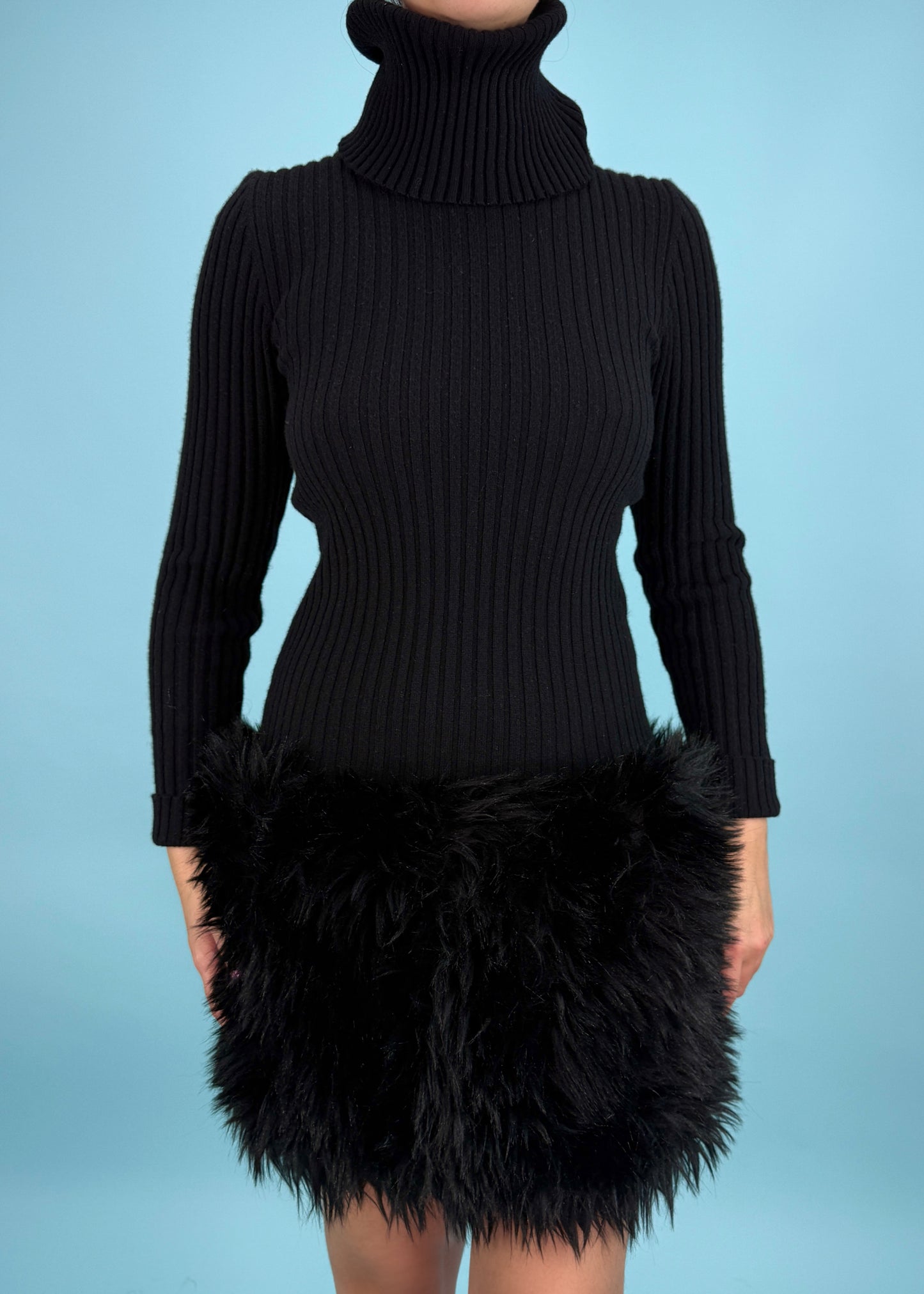 Chanel Fall 1994 Runway Black Knitted Faux Fur Hooded Dress