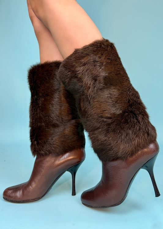 Gucci 1990s Brown Leather Fur Trim Heeled Boots