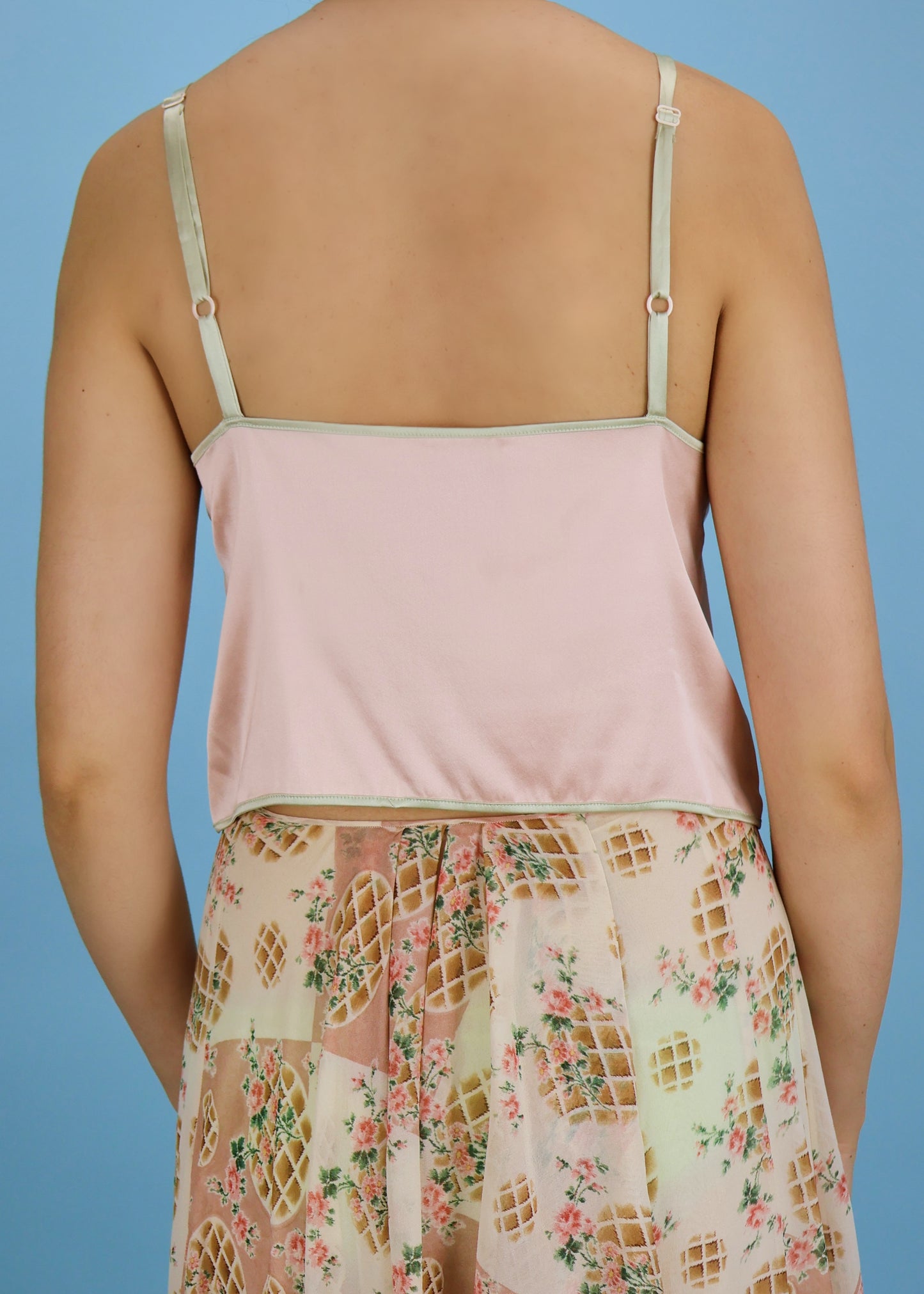 John Galliano Spring 2003 Pink Silk Satin Floral Cross Stitch Camisole Top