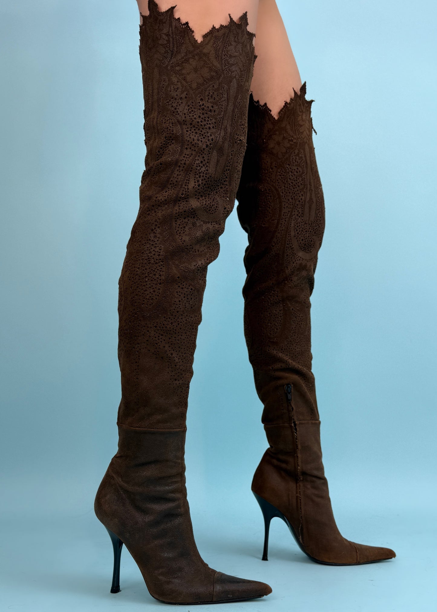 Roberto Cavalli Fall 2001 Runway Suede Perforated Thigh High Heeled Boots