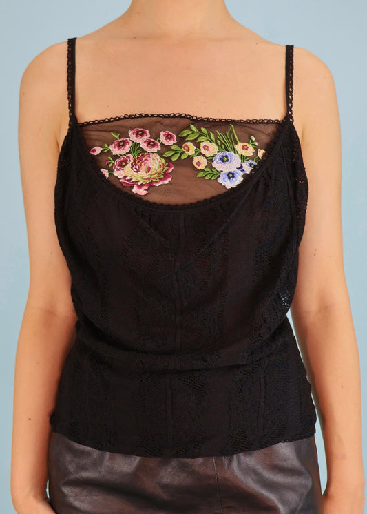 John Galliano Fall 2003 Black Floral Embroidered Knit Cami Top