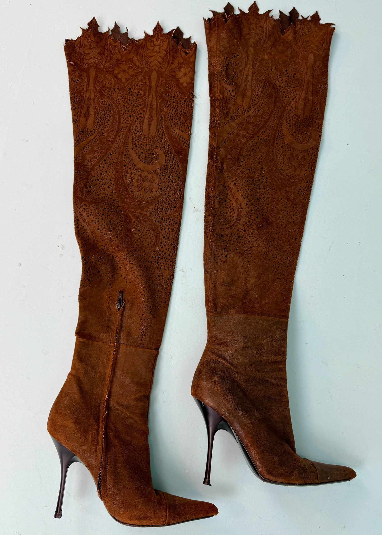 Roberto Cavalli Fall 2001 Runway Suede Perforated Thigh High Heeled Boots