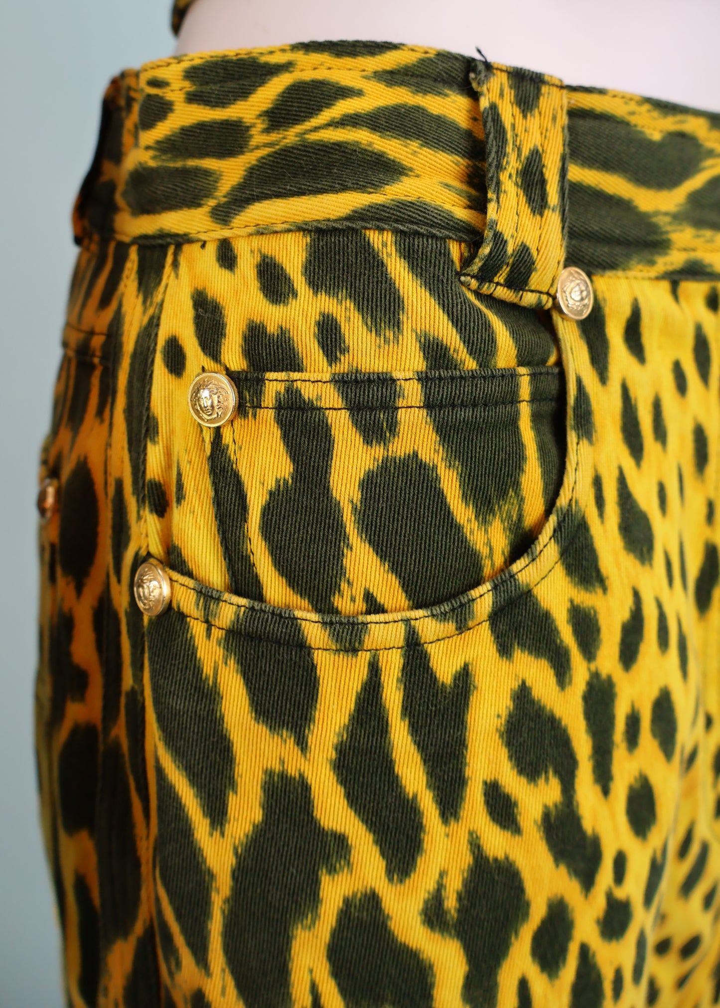 Versace Spring 1992 Runway Yellow Cheetah Print Denim Jacket & Jeans Sets