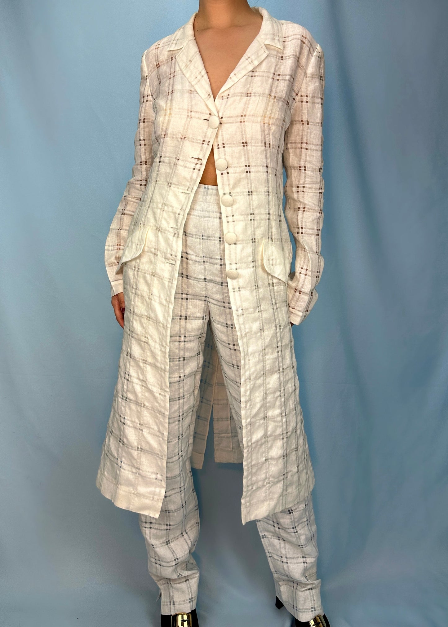 Chloé Spring 1998 White Checked Linen Two Piece Set