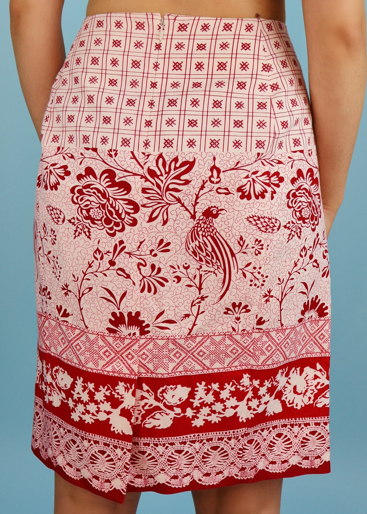 John Galliano Spring 1997 White & Red Cross Stitch Print Skirt