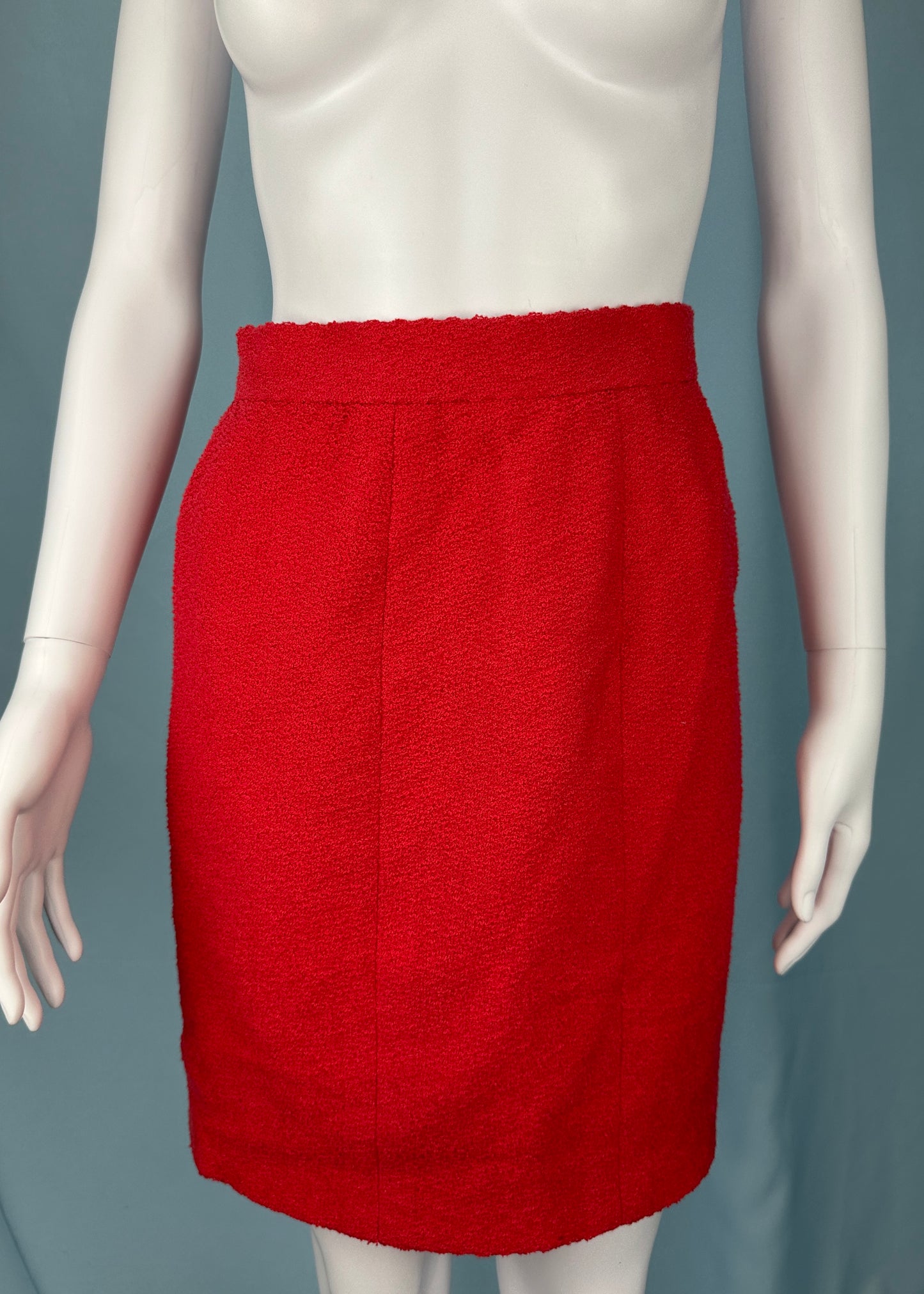 Chanel Spring 1995 Runway Red Boucle Zip Jacket & Skirt Suit Set