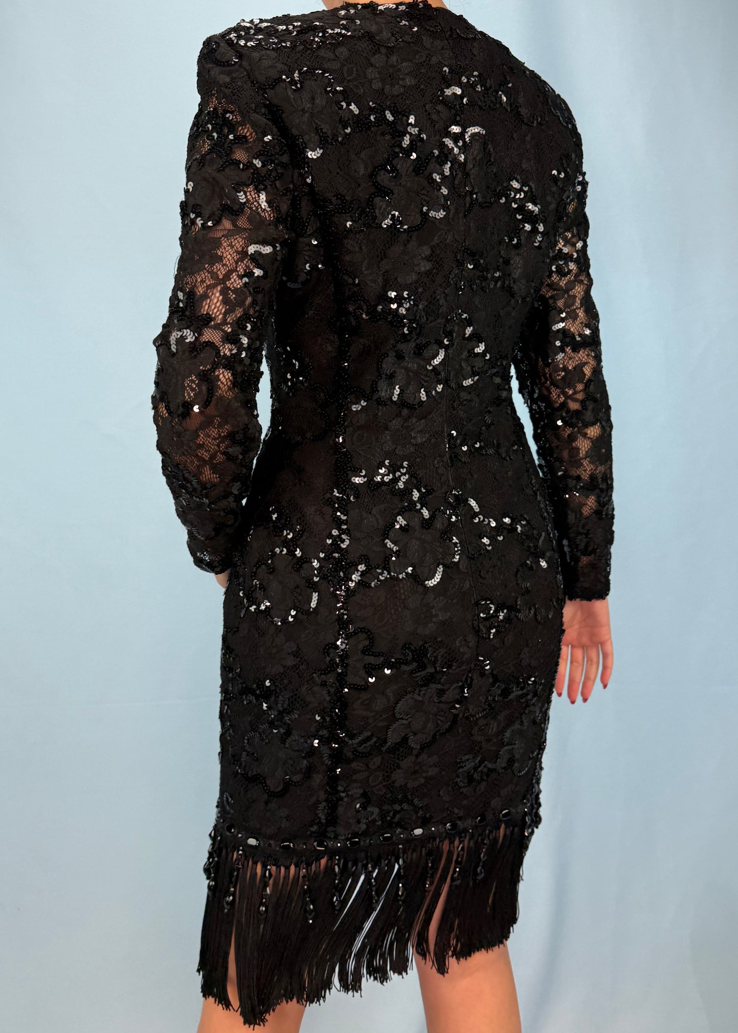 Valentino Night Black Sequin Embellished Fringe Dress