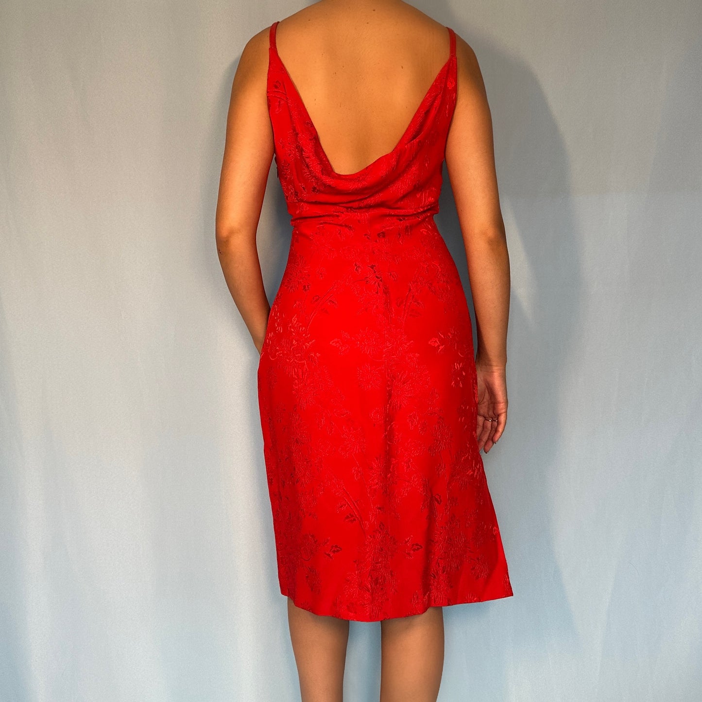 Versace 1998 Red Satin Draped Cowl Neckline Dress
