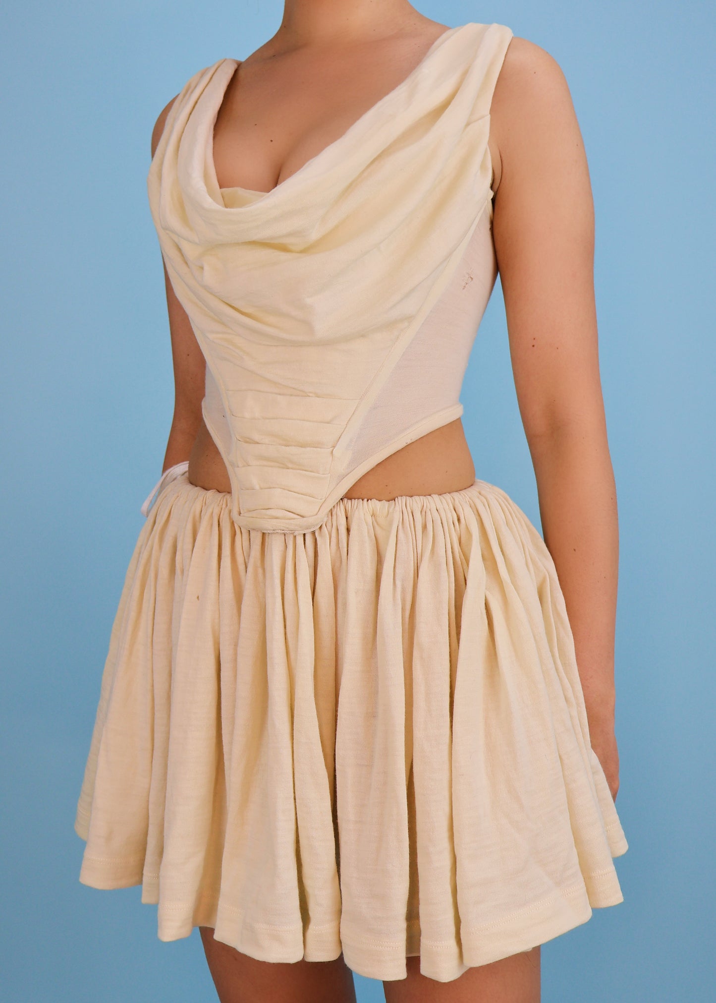 Vivienne Westwood Spring 1988 Runway Cream Draped Corset & Mini Skirt Set