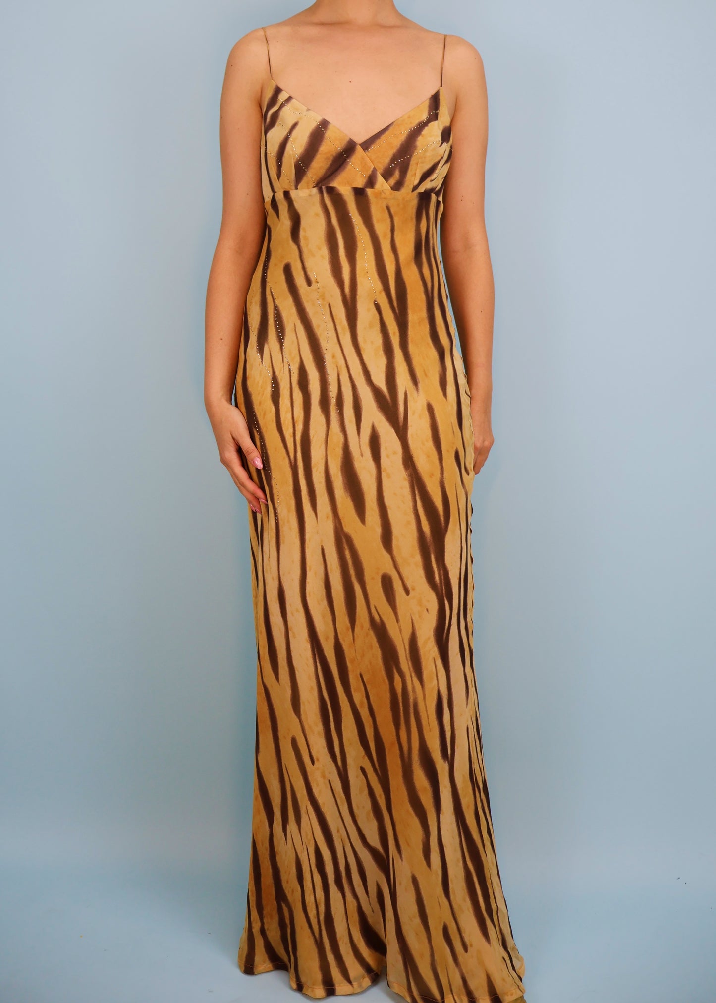 Dior Fall 1995 Silk Tiger Print Crystal Embellished Maxi Slip Dress