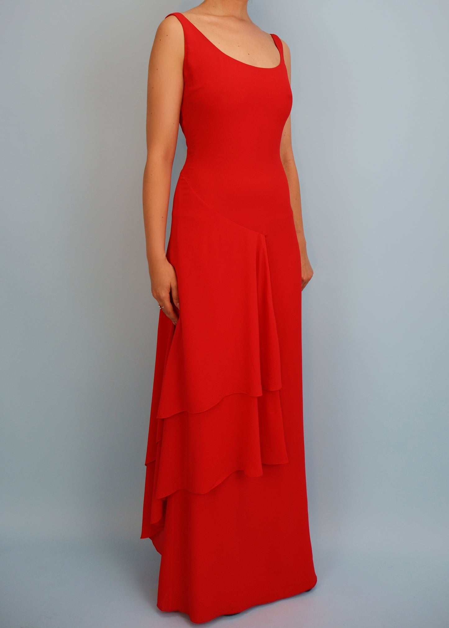 Valentino Spring 1998 Runway Red Silk Chiffon Tiered Gown