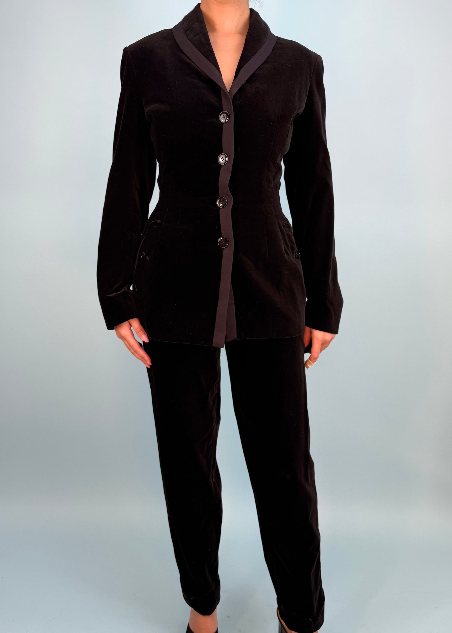 Azzedine Alaïa Fall 1989 Runway Black Velvet Jacket & Trouser Suit Set