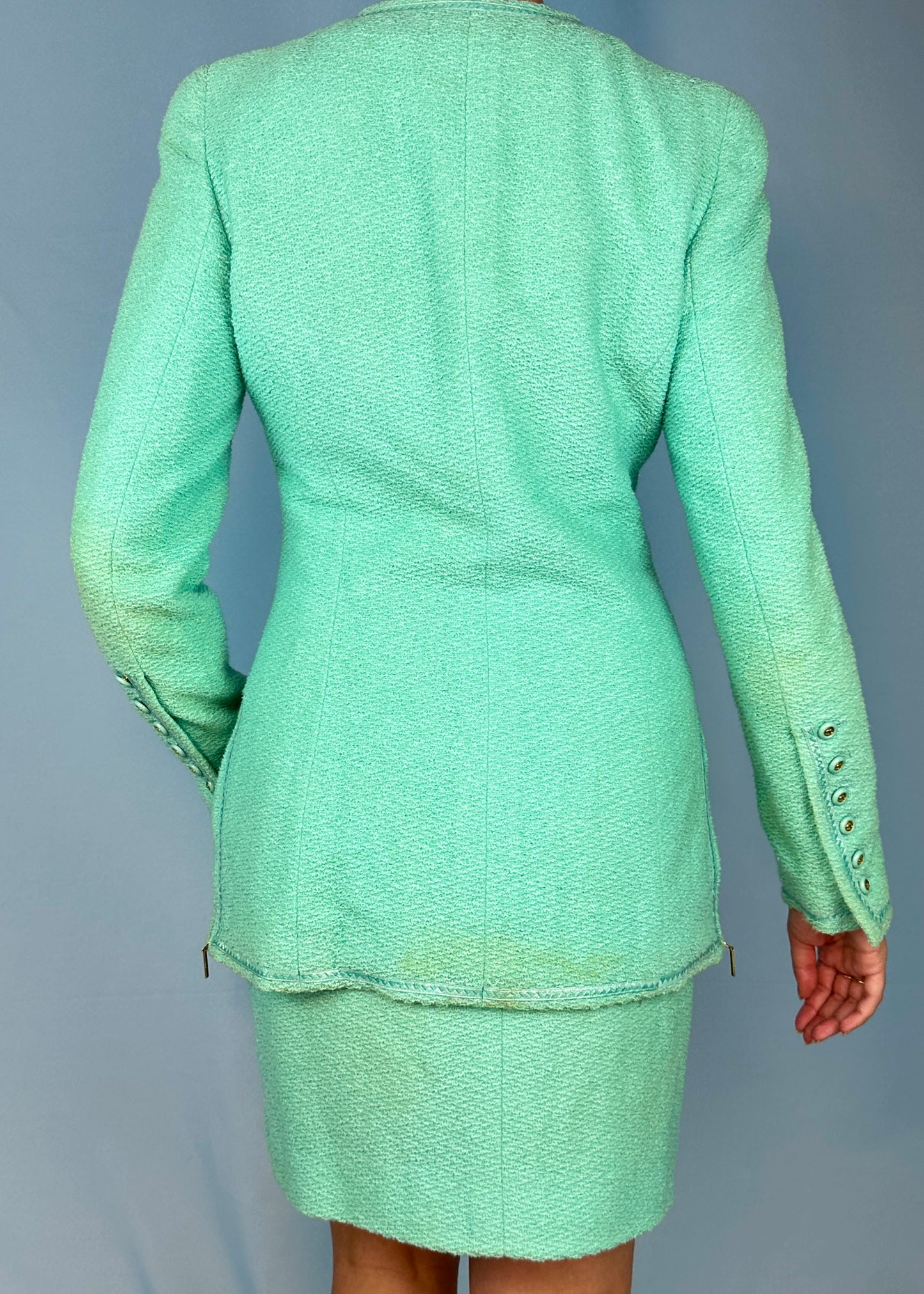 Chanel Spring 1995 Runway Blue Boucle Zip Jacket & Skirt Suit Set