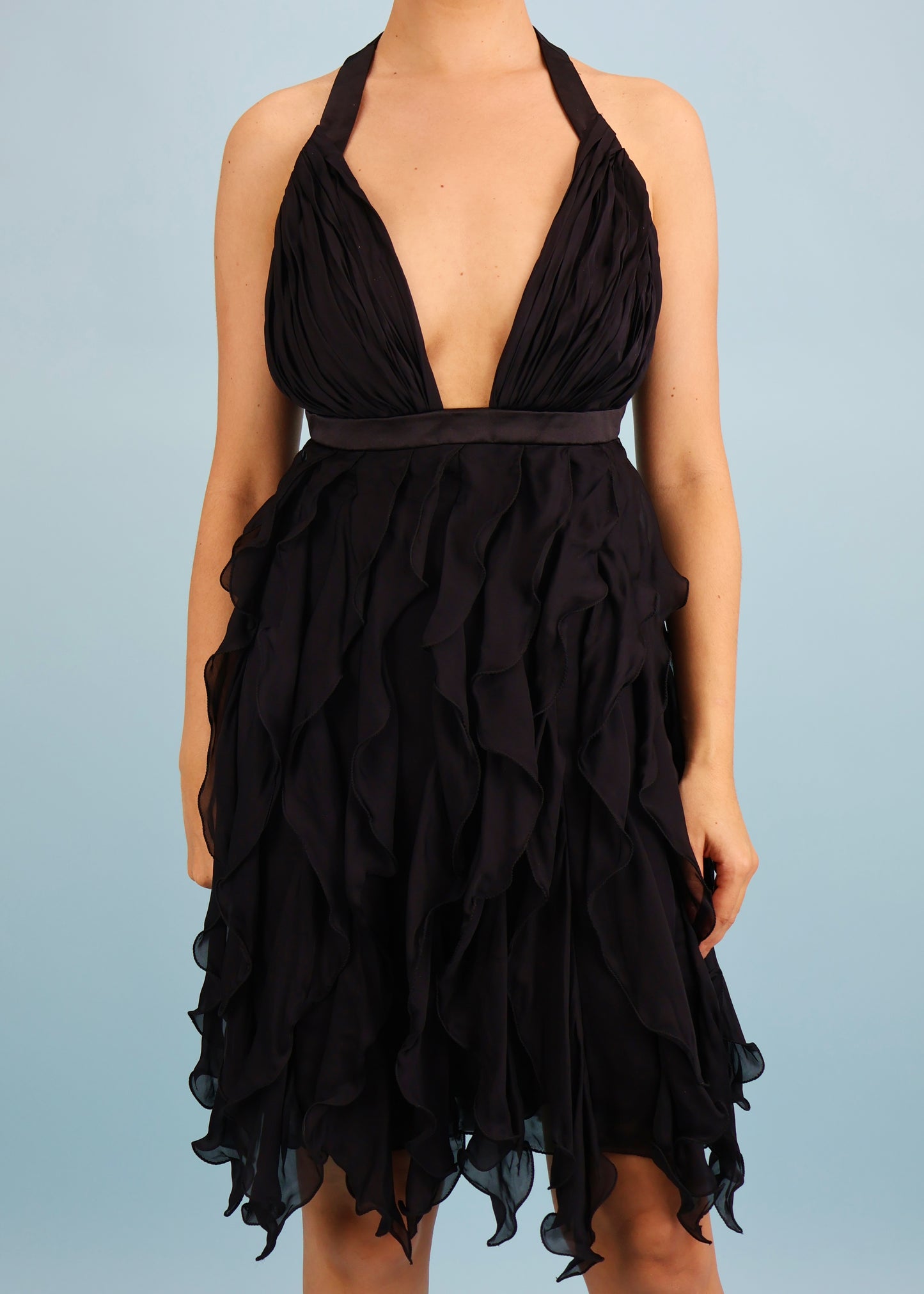 Roberto Cavalli Fall 2008 Black Silk Ruffle Halter Dress