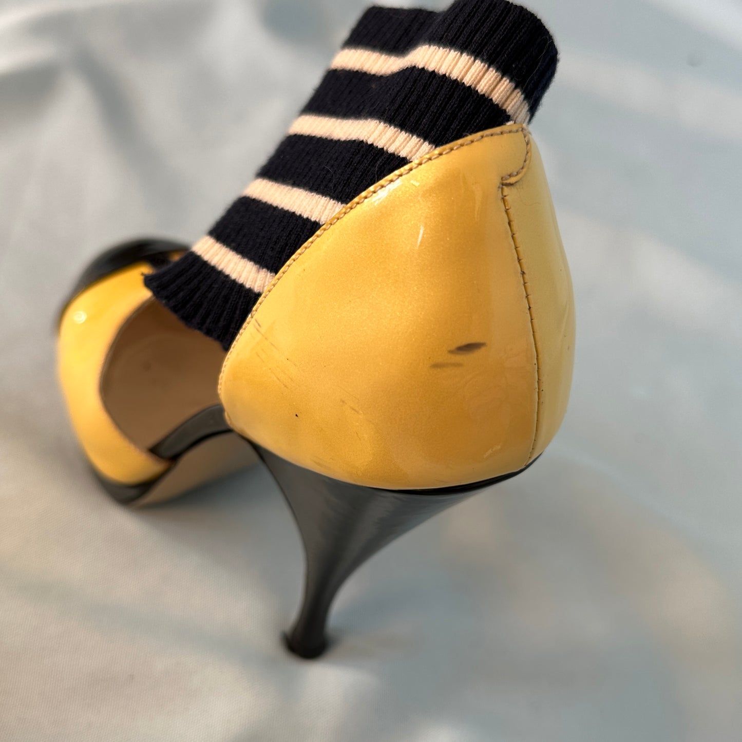 Chanel 2008 Runway Yellow & Black Patent Stripe Sock Heels