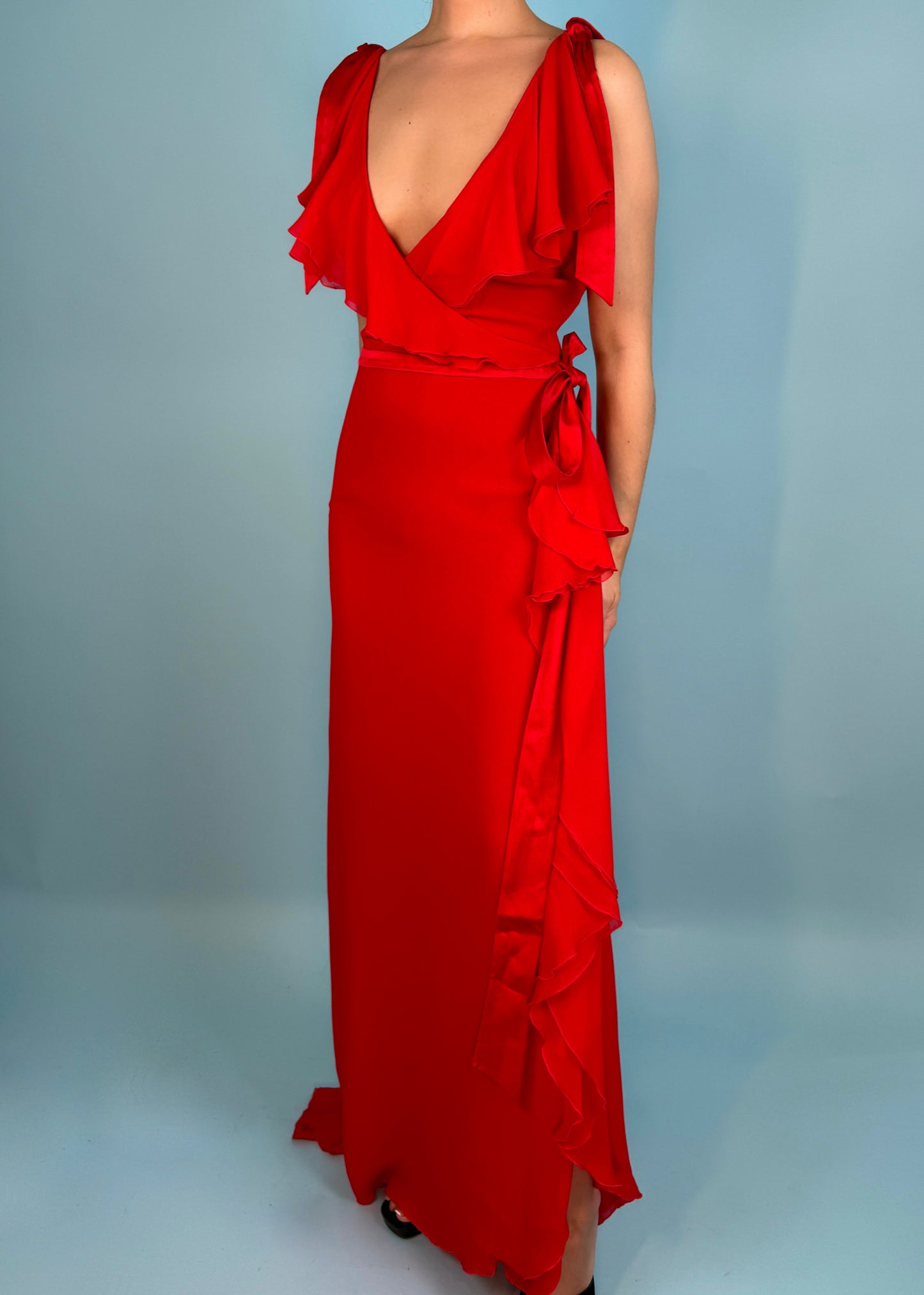 Valentino Red Frill Plunge Silk Chiffon Gown