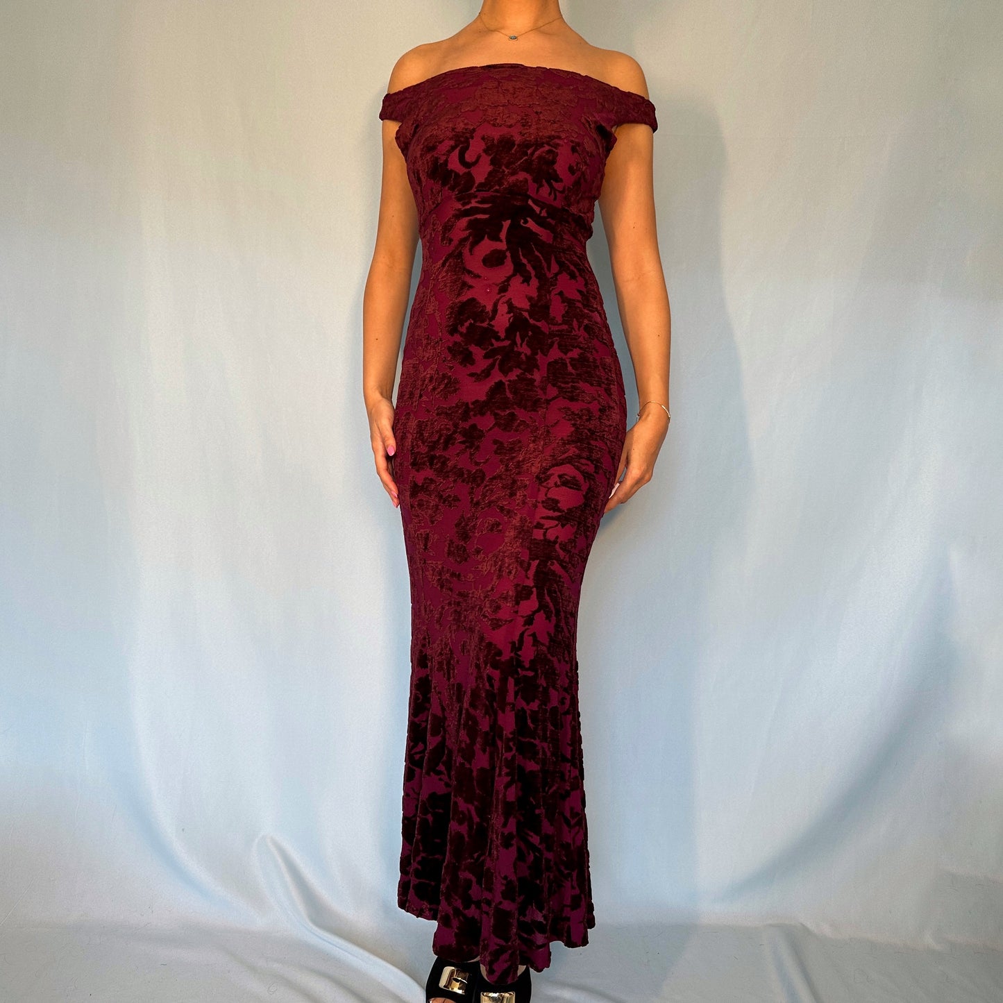 Betsey Johnson Maroon Burnout Devoré Velvet Maxi Dress
